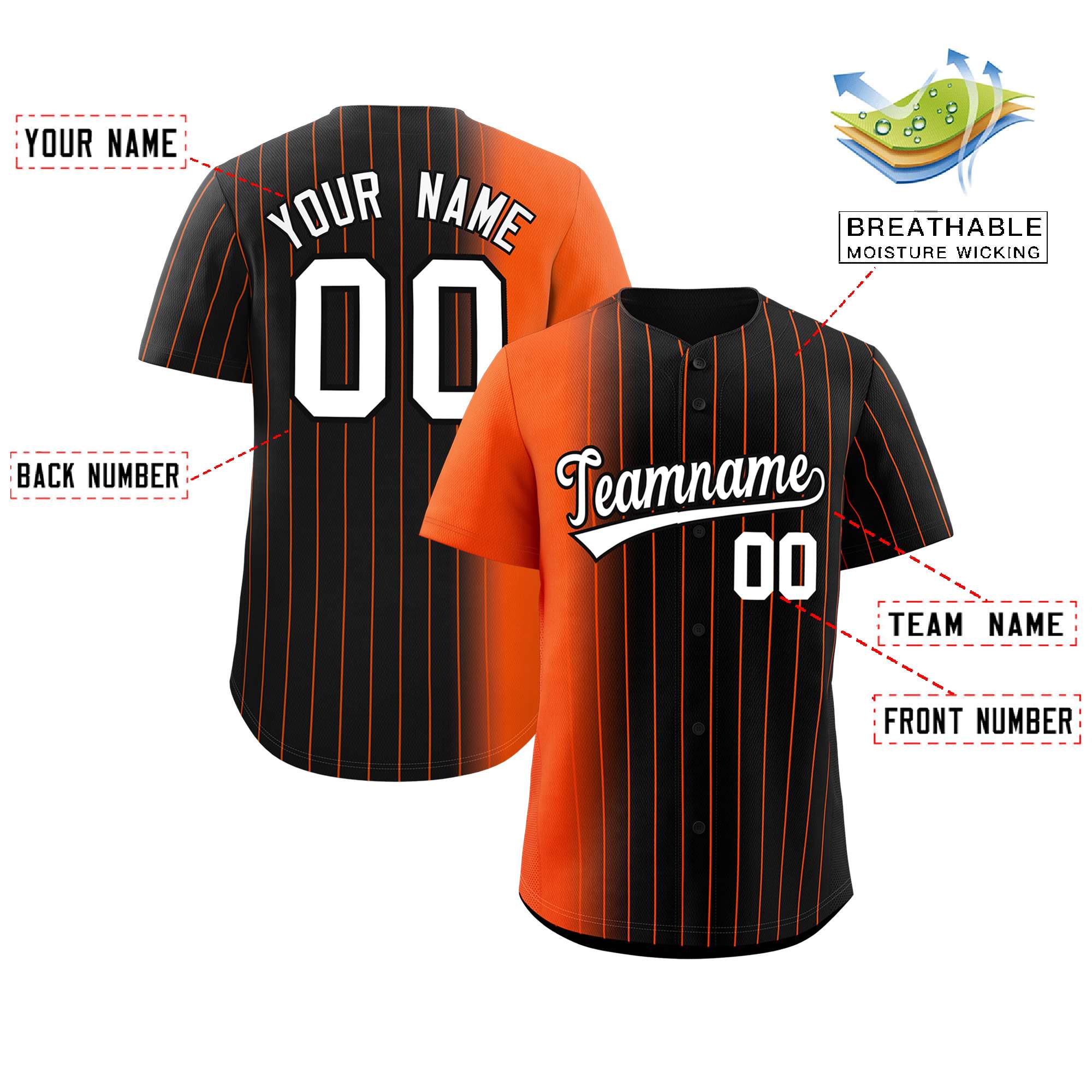 Custom Black Orange Pinstripe Personalized Gradient Authentic Baseball Jersey