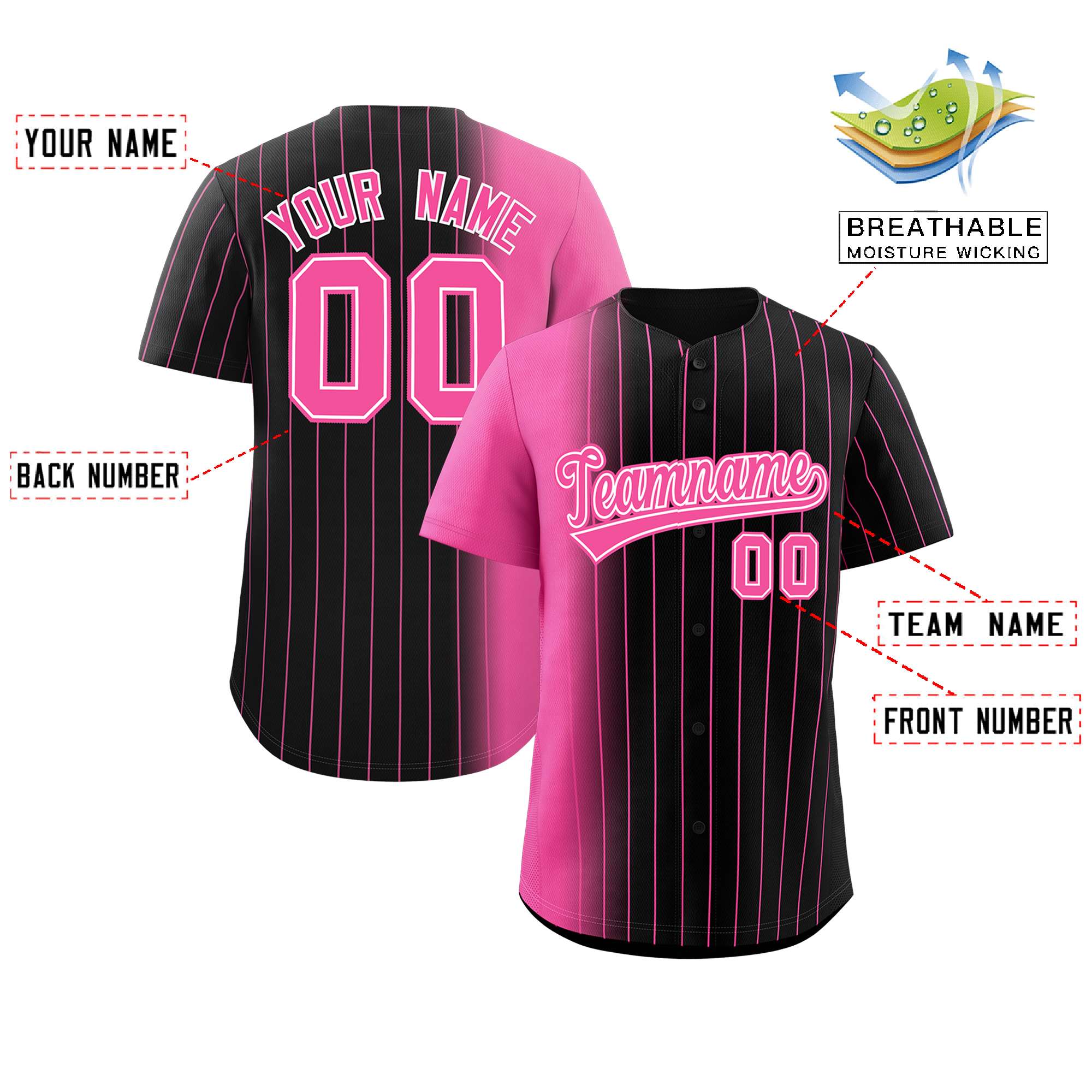 Custom Black Pink Pinstripe Personalized Gradient Authentic Baseball Jersey