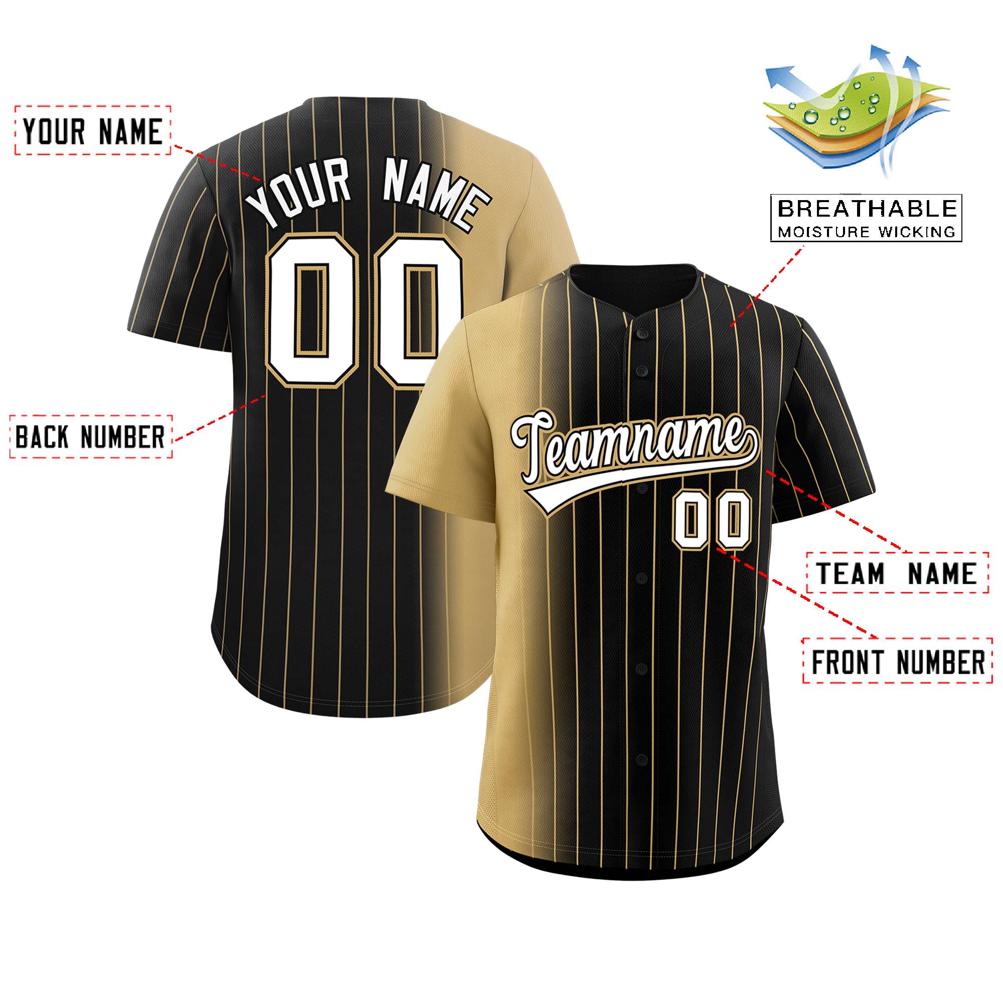 Custom Black Old Gold Pinstripe Personalized Gradient Authentic Baseball Jersey