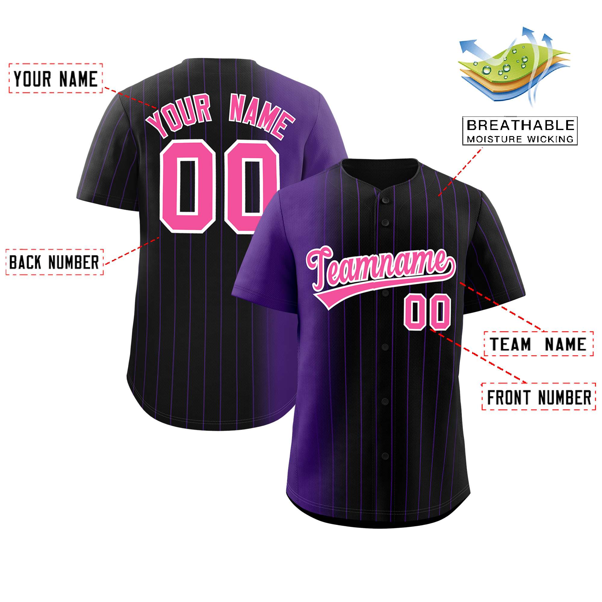 Custom Black Purple Pinstripe Personalized Gradient Authentic Baseball Jersey