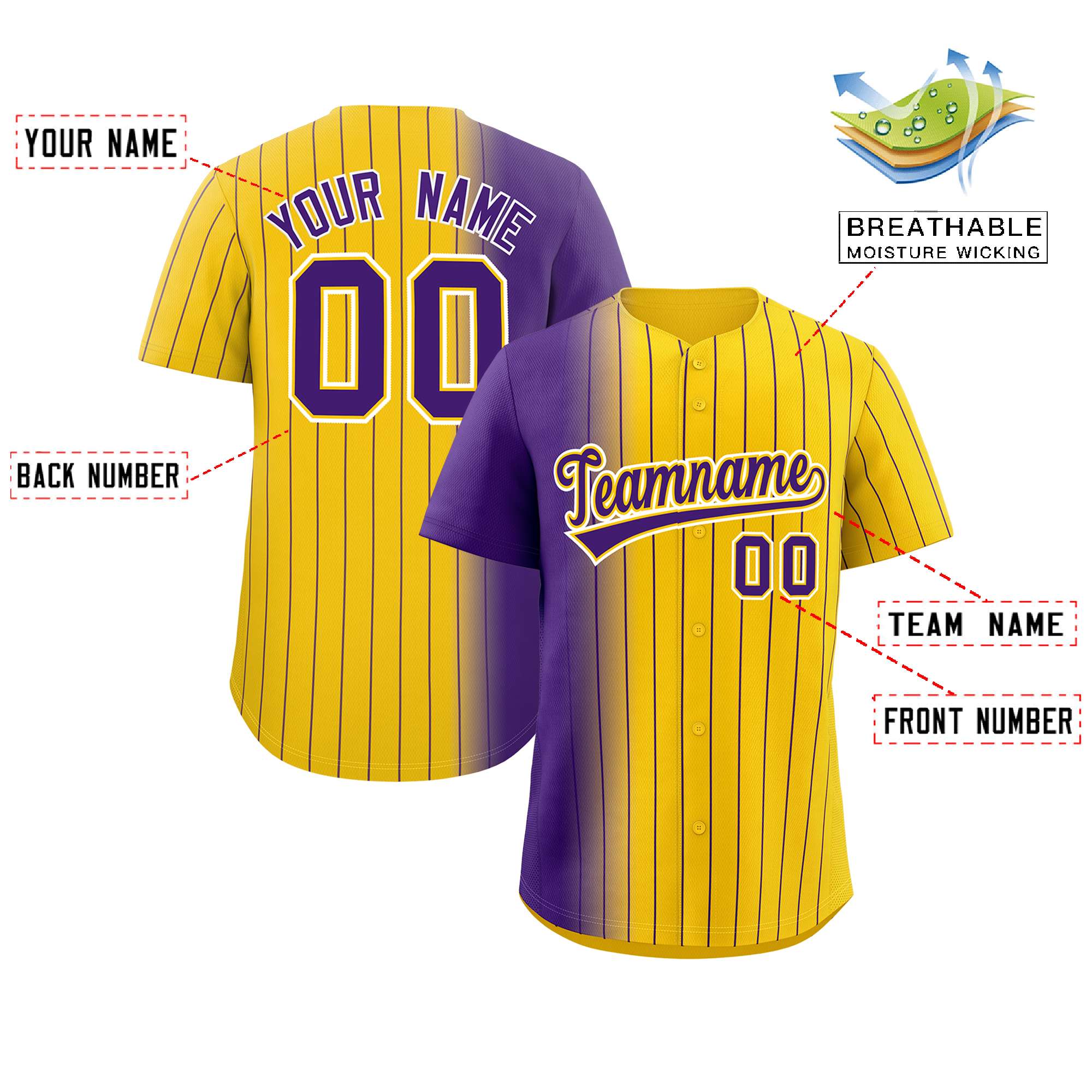 Custom Gold Purple Pinstripe Personalized Gradient Authentic Baseball Jersey