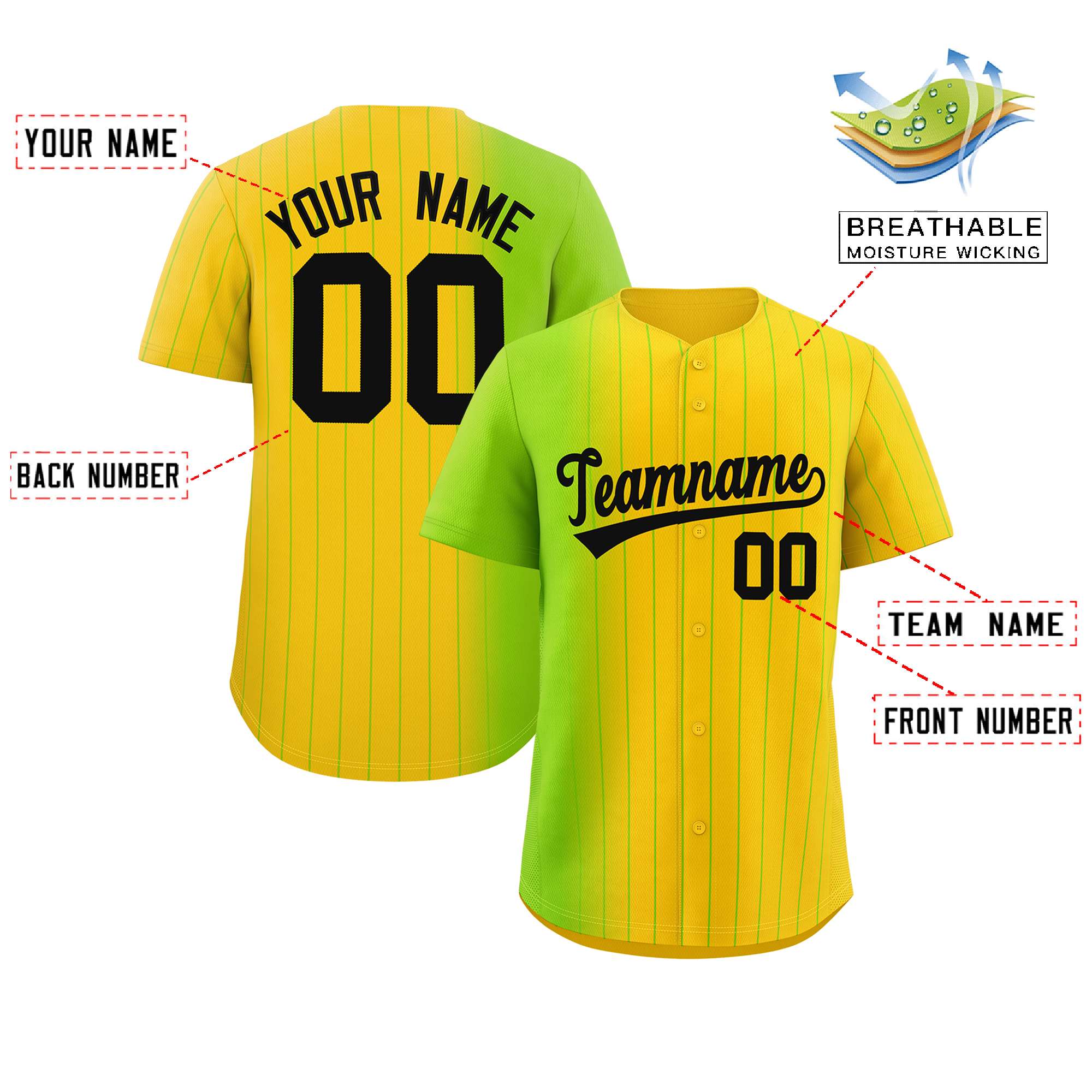 Custom Gold Neon Green Pinstripe Personalized Gradient Authentic Baseball Jersey