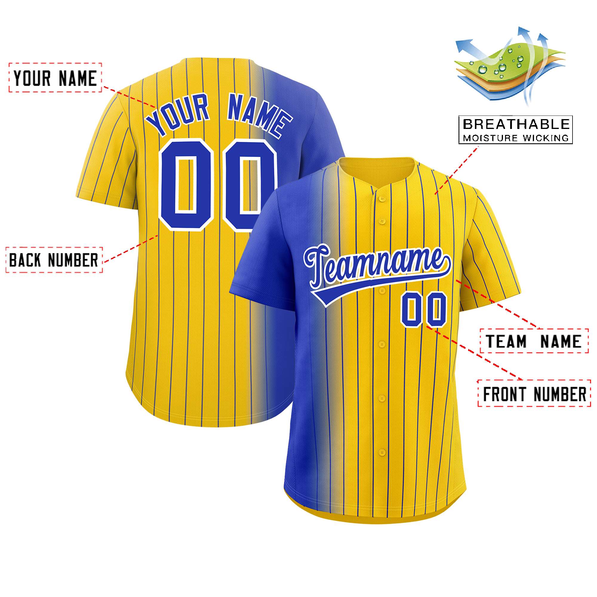 Custom Gold Royal Pinstripe Personalized Gradient Authentic Baseball Jersey