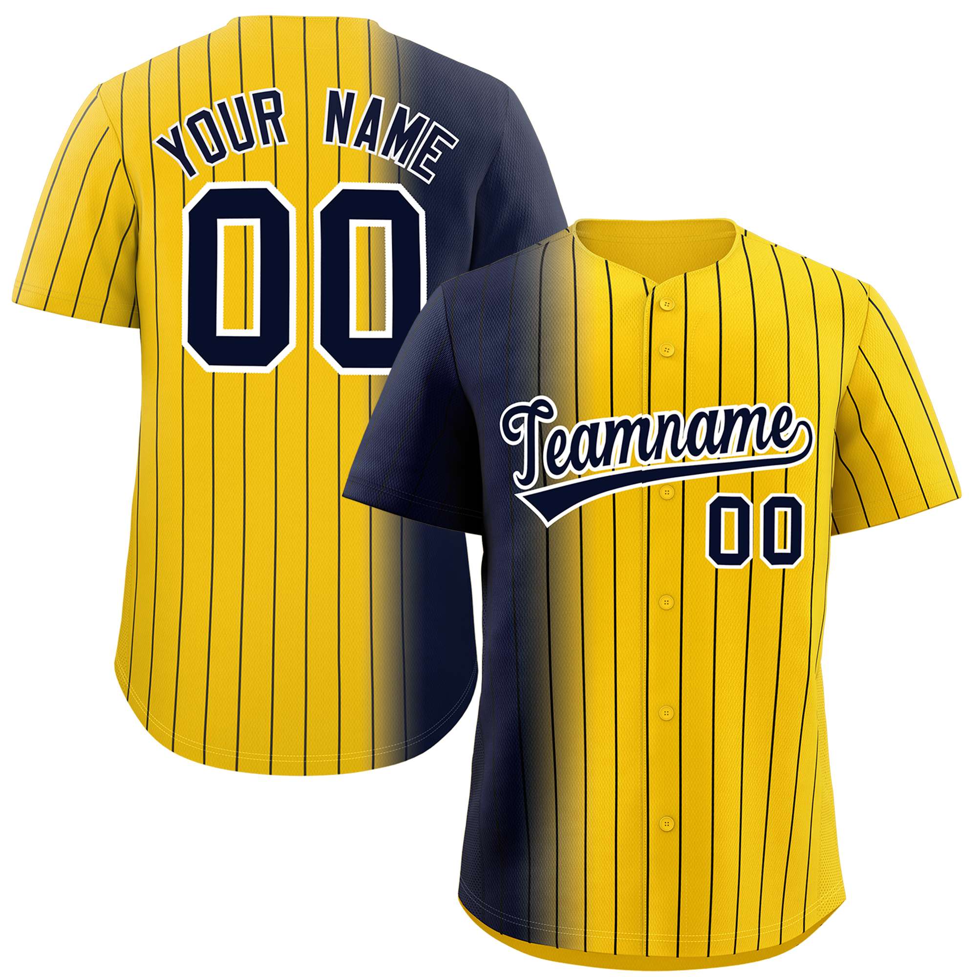 Custom Gold Navy Pinstripe Personalized Gradient Authentic Baseball Jersey