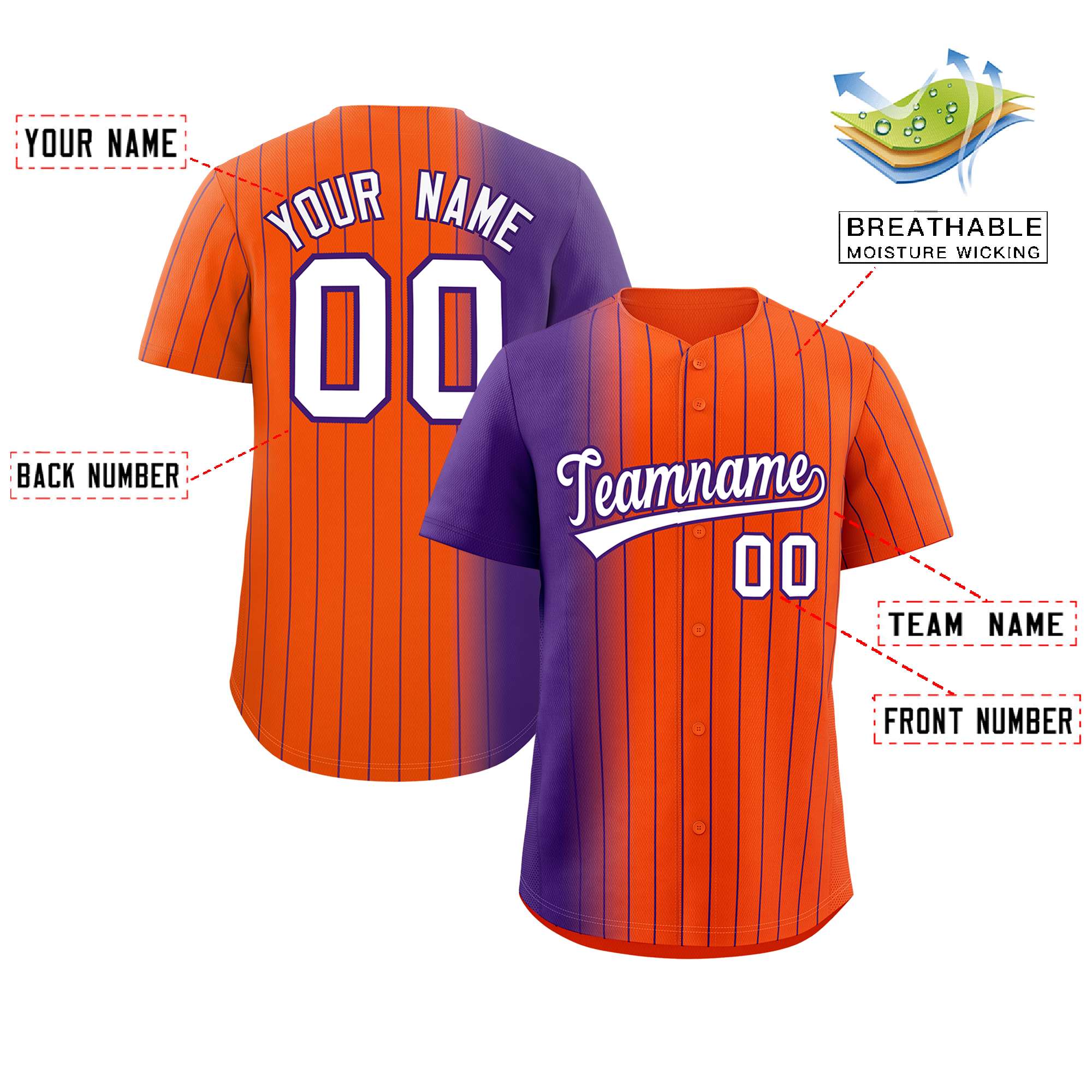 Custom Orange Purple Pinstripe Personalized Gradient Authentic Baseball Jersey