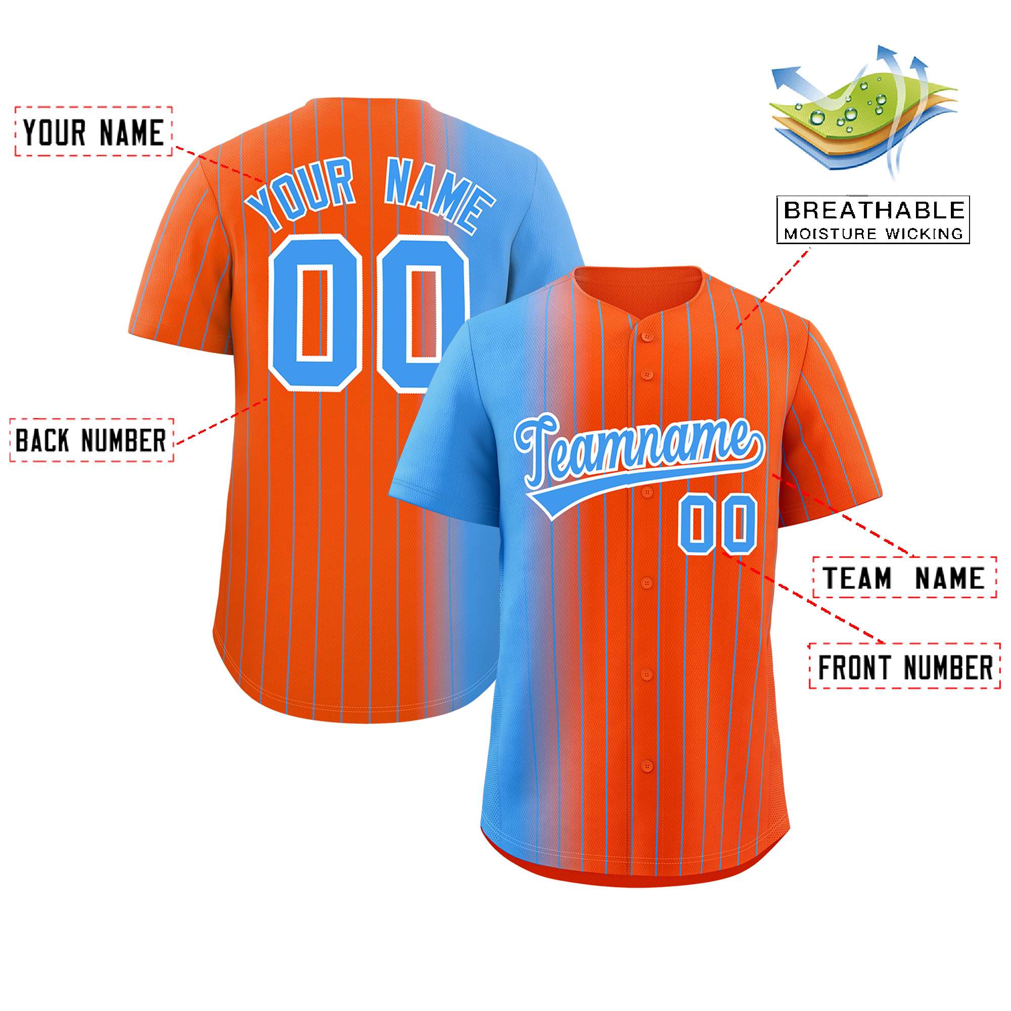 Custom Orange Powder Blue Pinstripe Personalized Gradient Authentic Baseball Jersey