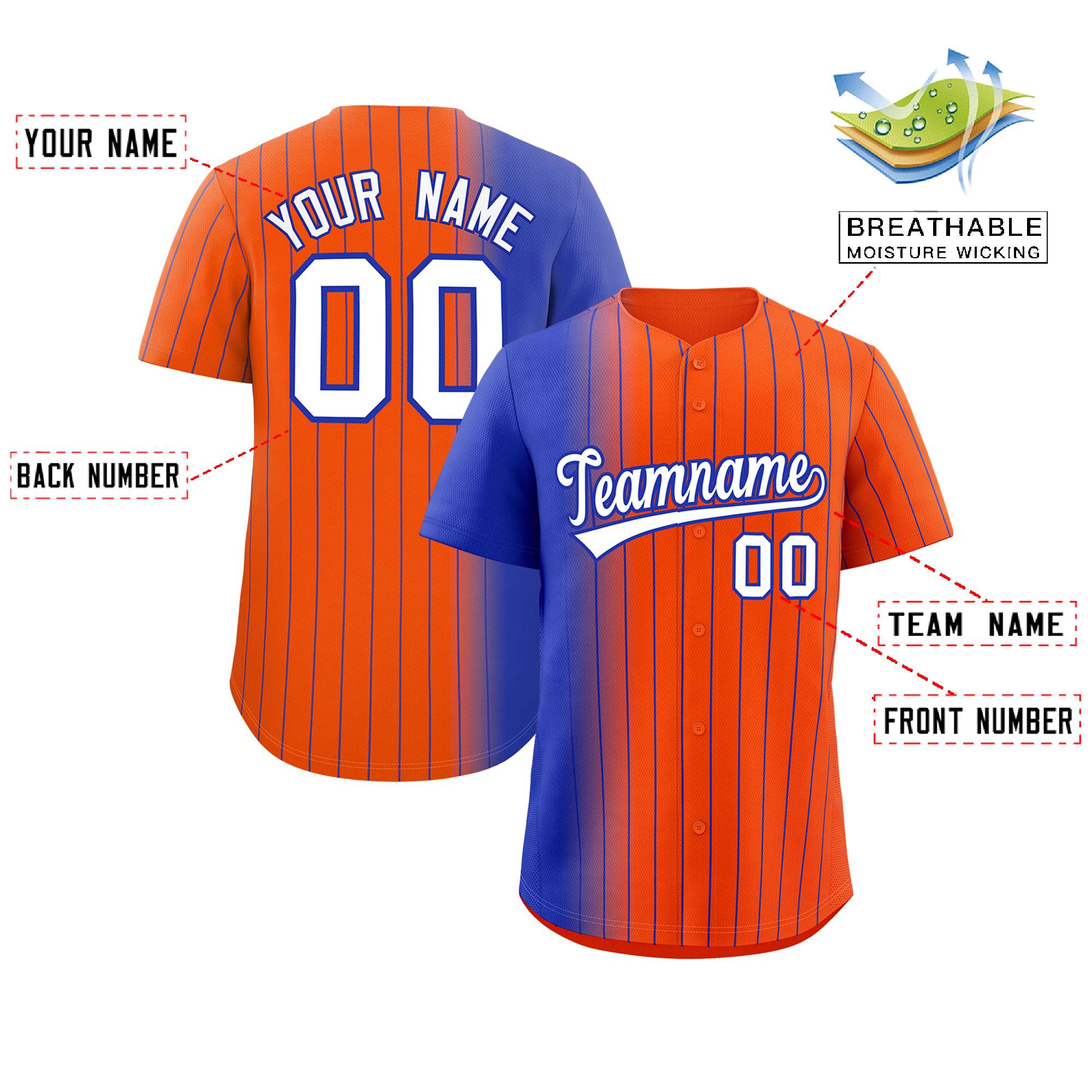 Custom Orange Royal Pinstripe Personalized Gradient Authentic Baseball Jersey