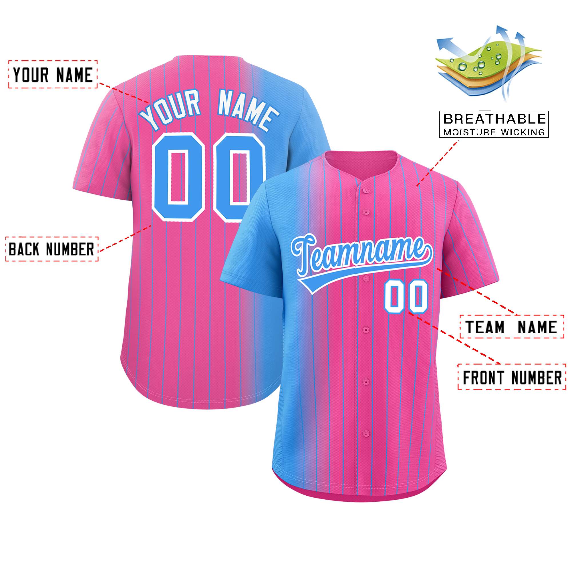 Custom Pink Powder Blue Pinstripe Personalized Gradient Authentic Baseball Jersey