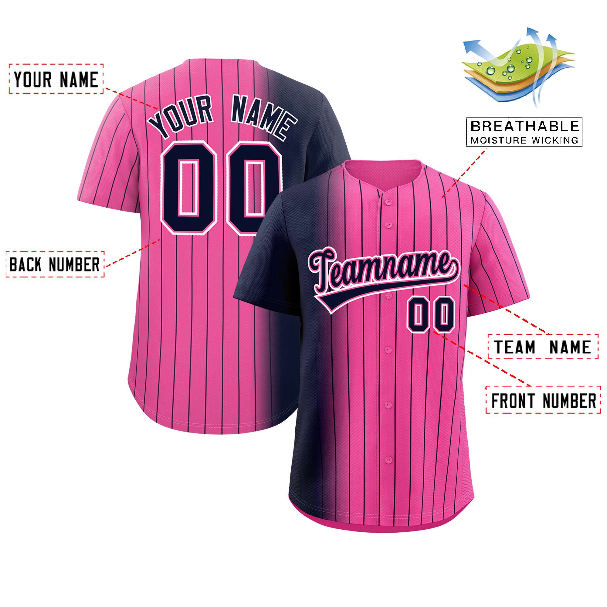 Custom Pink Navy Pinstripe Personalized Gradient Authentic Baseball Jersey