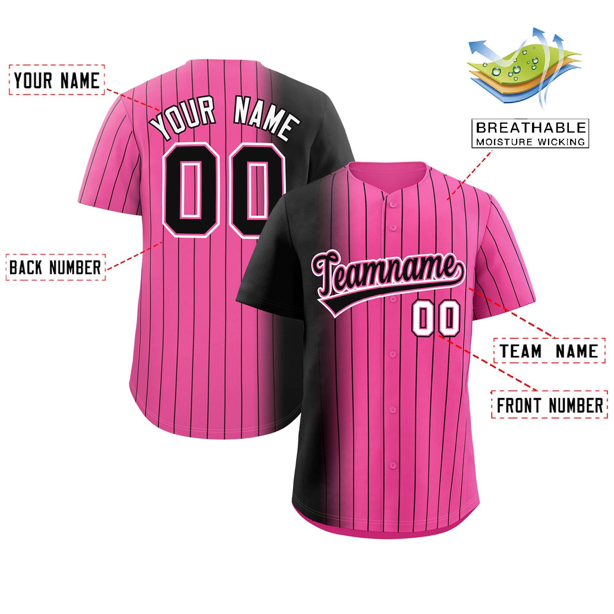 Custom Pink Black Pinstripe Personalized Gradient Authentic Baseball Jersey