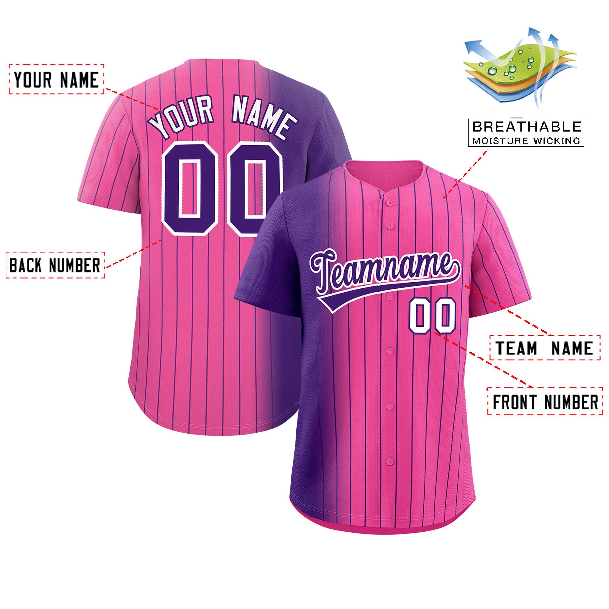 Custom Pink Purple Pinstripe Personalized Gradient Authentic Baseball Jersey