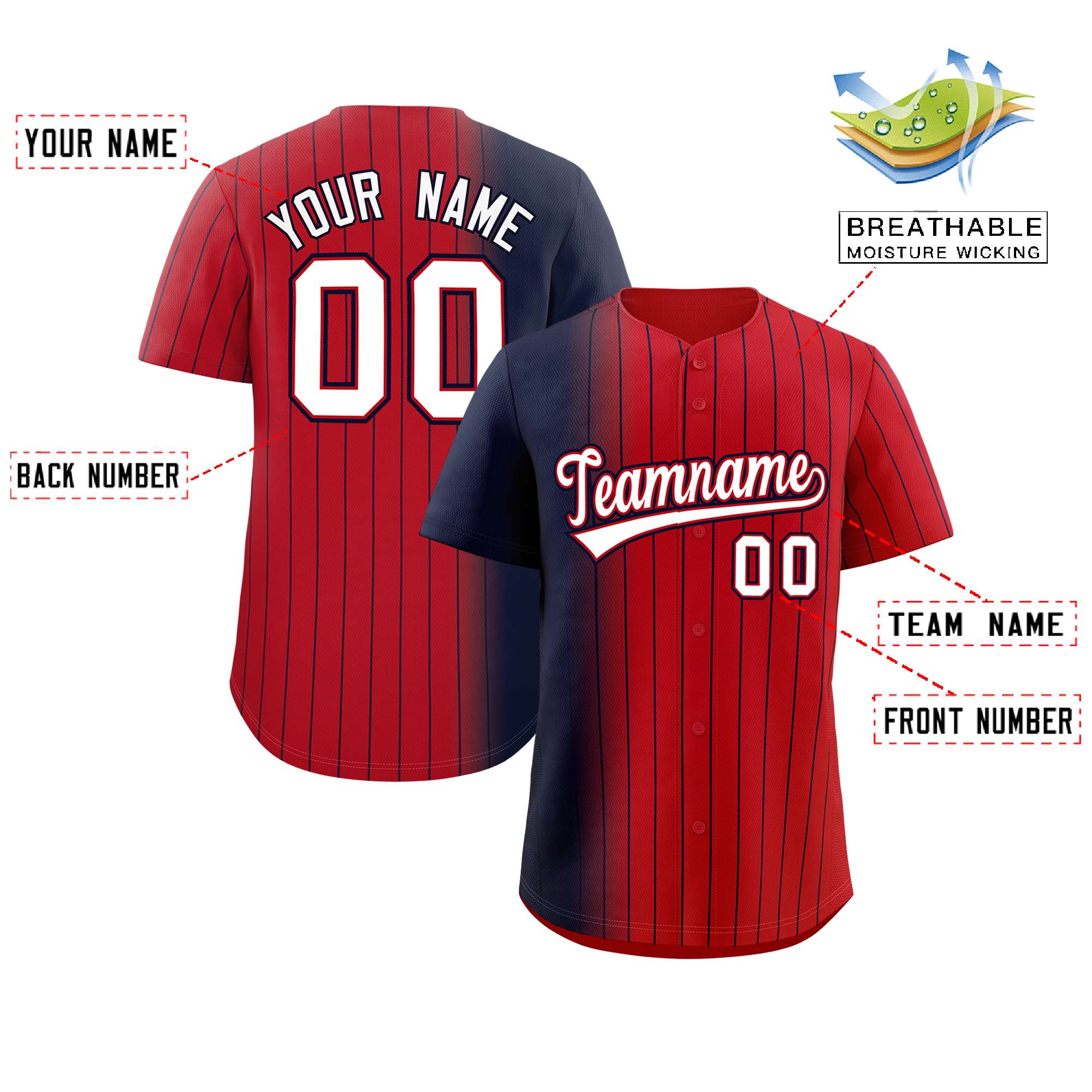 Custom Red Navy Pinstripe Personalized Gradient Authentic Baseball Jersey