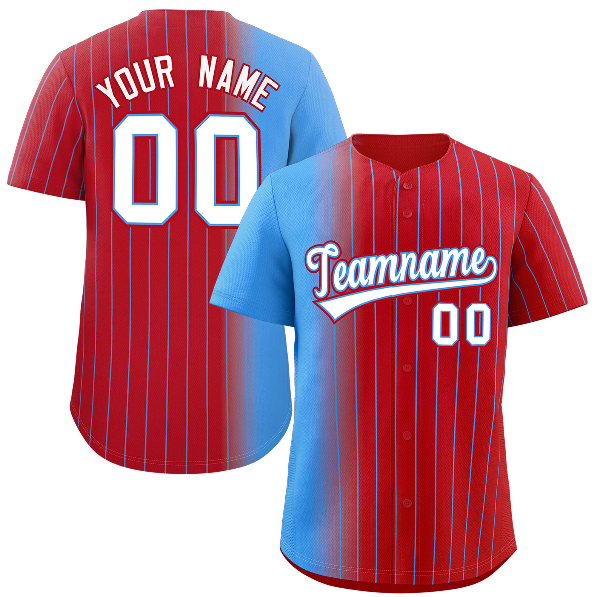 Custom Red Powder Blue Pinstripe Personalized Gradient Authentic Baseball Jersey