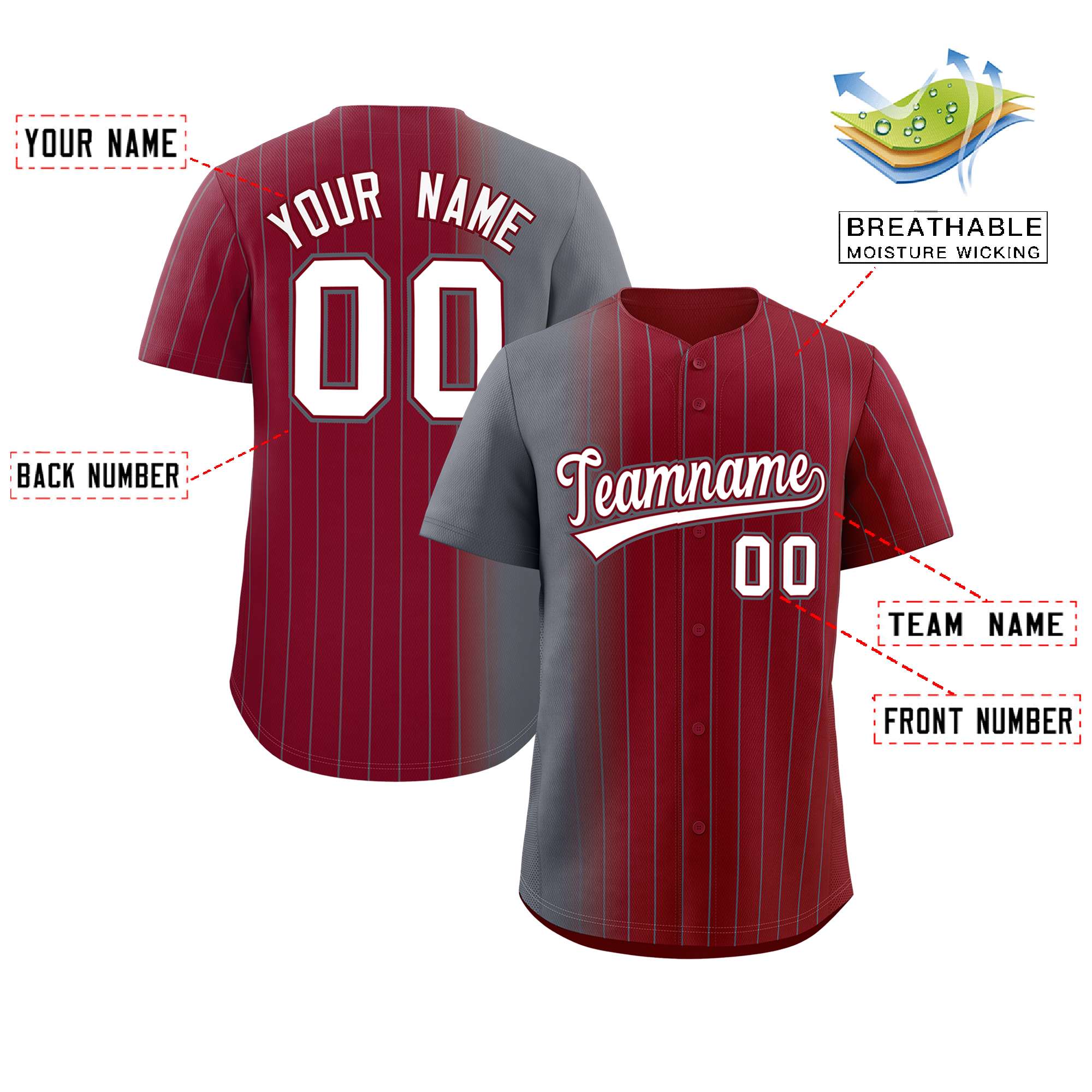 Custom Crimson Dark Gray Pinstripe Personalized Gradient Authentic Baseball Jersey