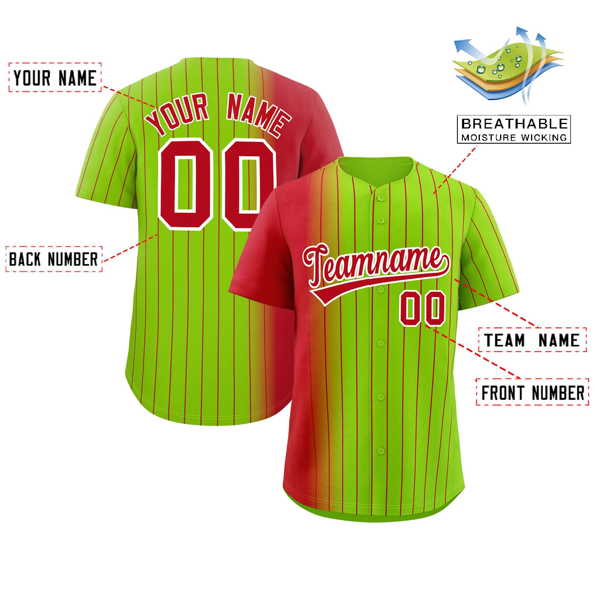 Custom Neon Green Red Pinstripe Personalized Gradient Authentic Baseball Jersey