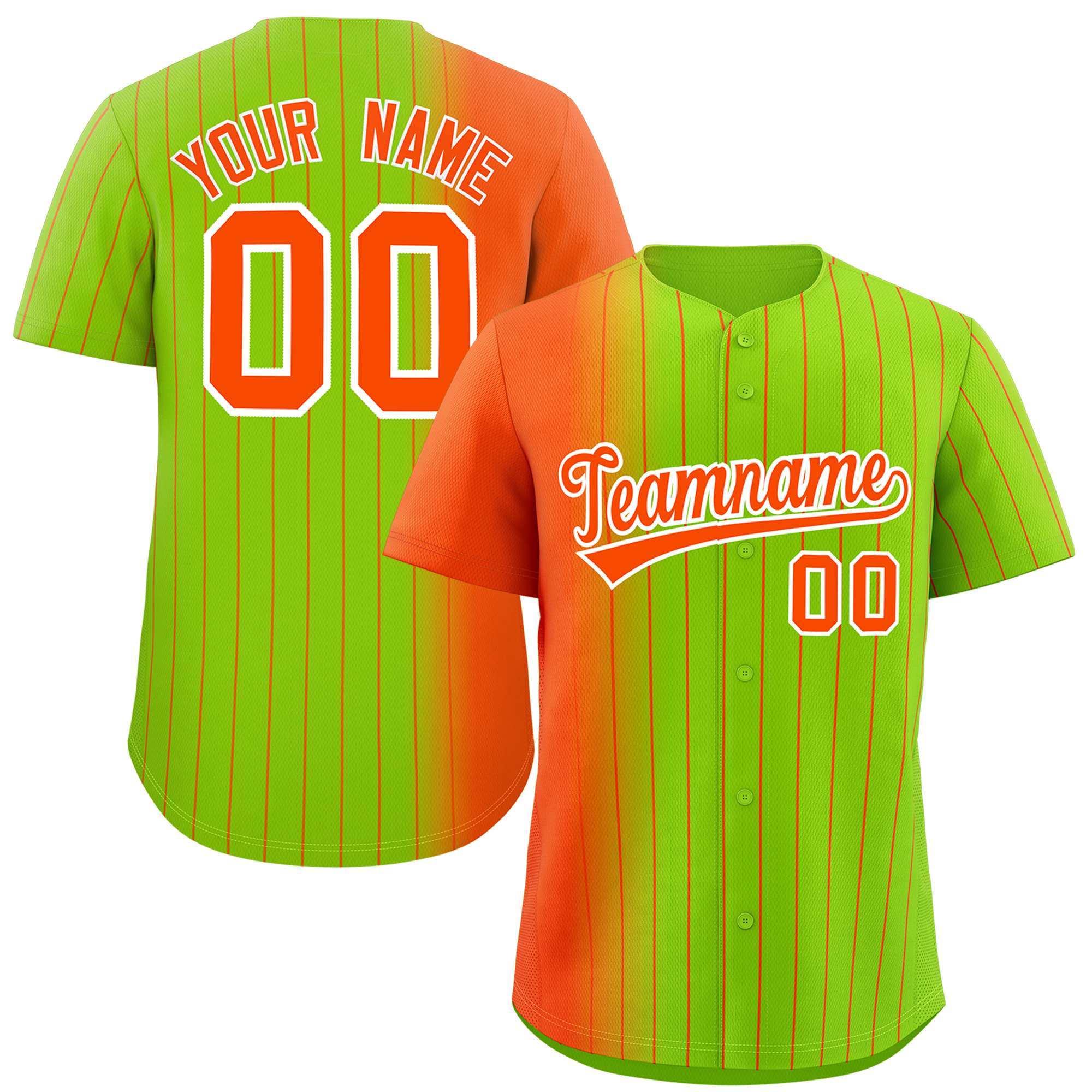 Custom Neon Green Orange Pinstripe Personalized Gradient Authentic Baseball Jersey