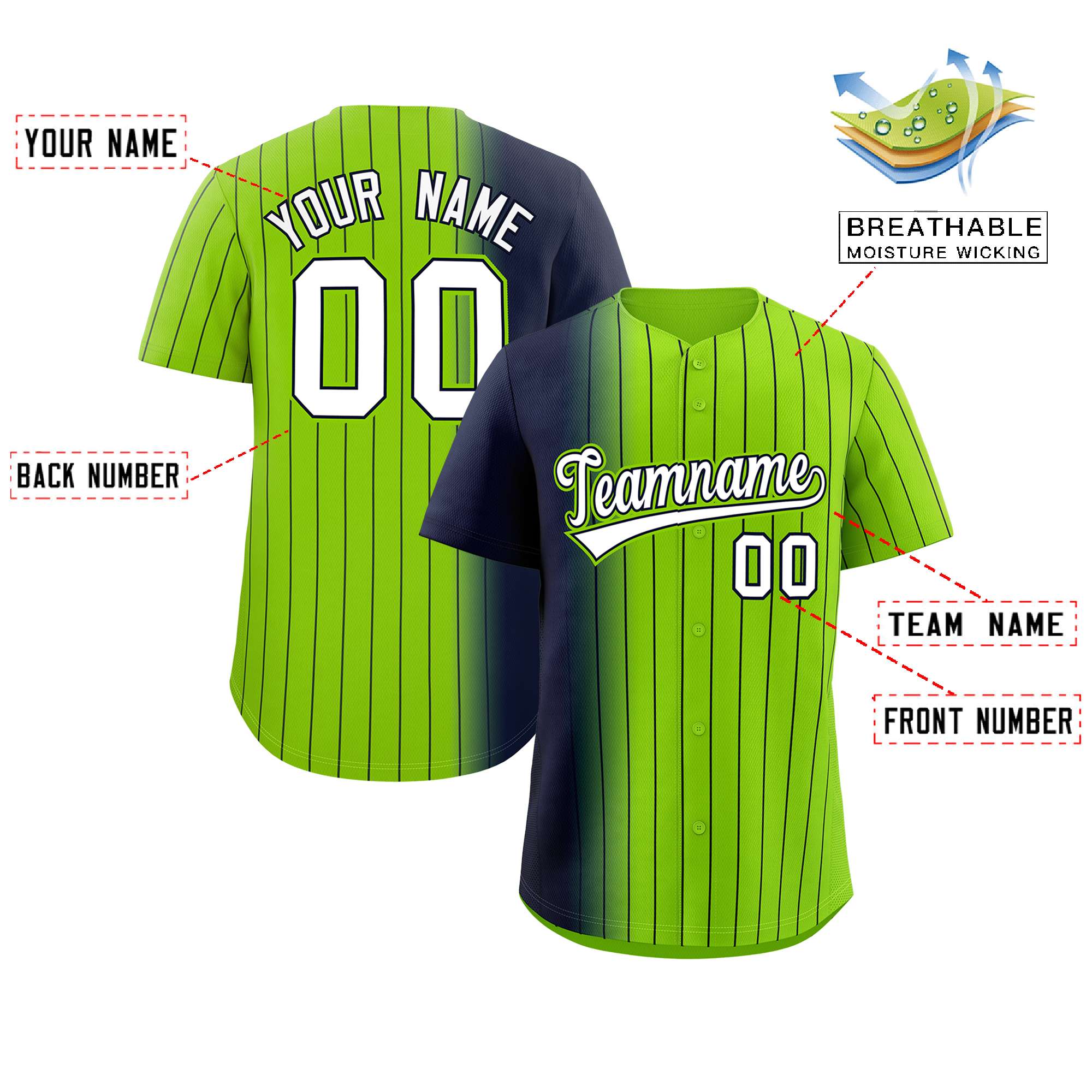 Custom Neon Green Navy Pinstripe Personalized Gradient Authentic Baseball Jersey