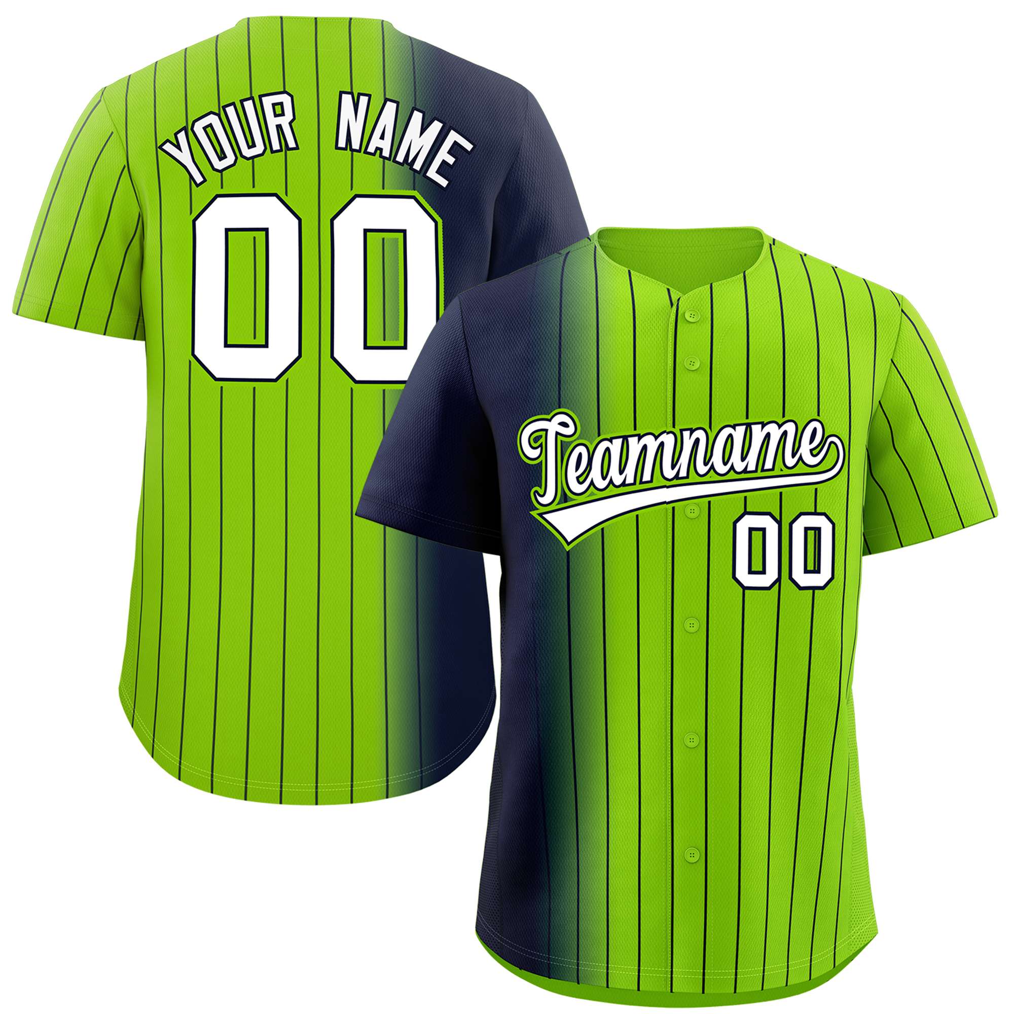 Custom Neon Green Navy Pinstripe Personalized Gradient Authentic Baseball Jersey