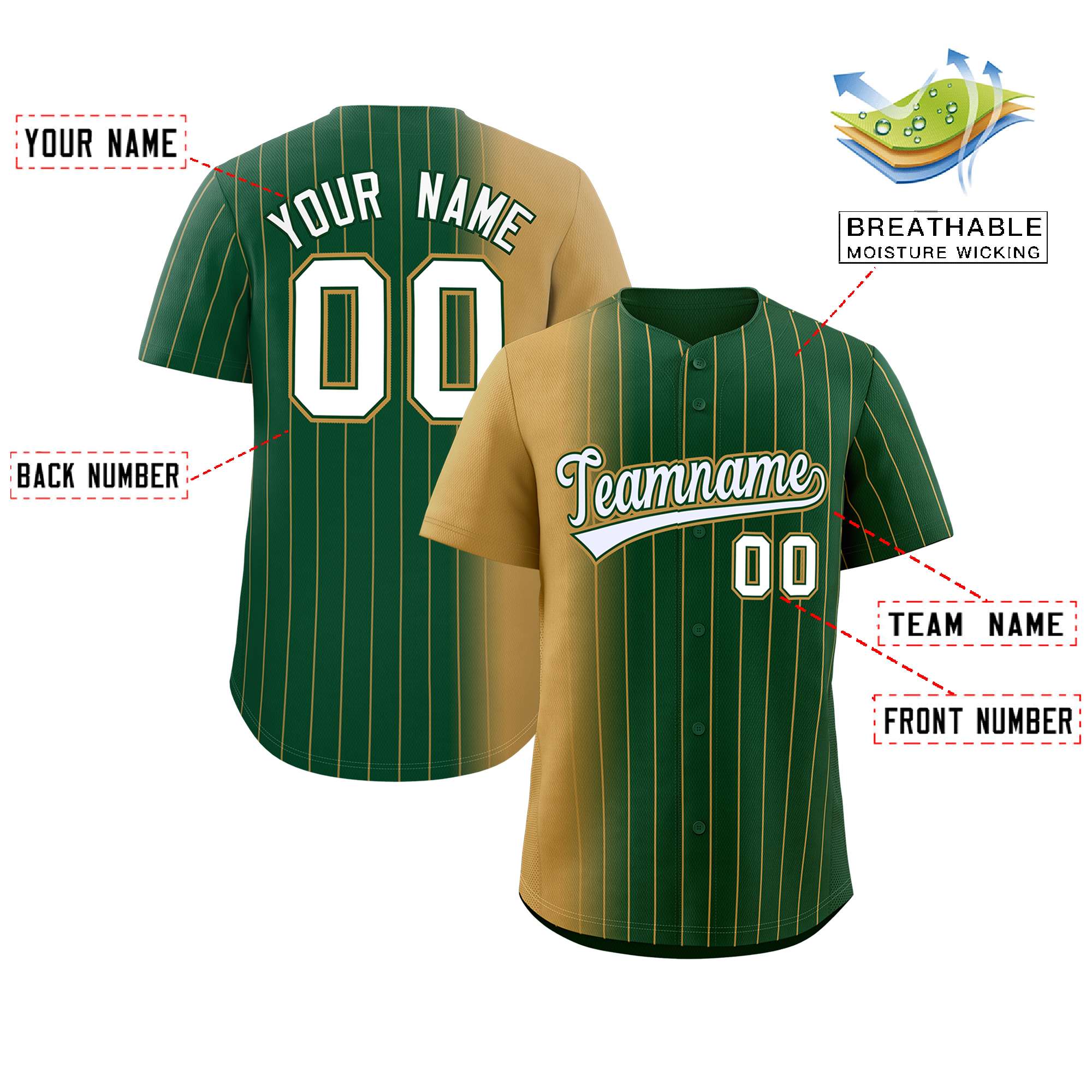 Custom Green Old Gold Pinstripe Personalized Gradient Authentic Baseball Jersey