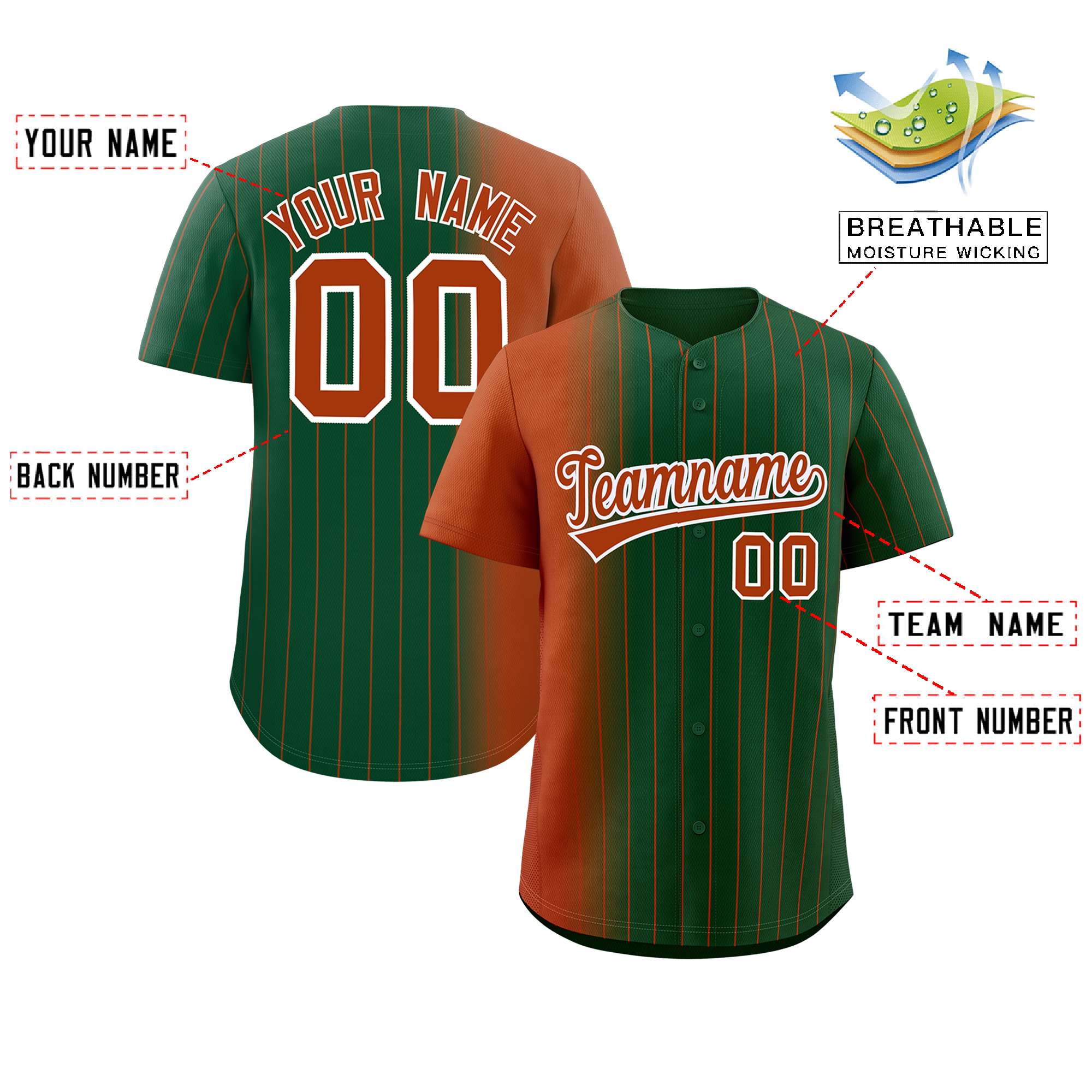 Custom Green Texas Orange Pinstripe Personalized Gradient Authentic Baseball Jersey