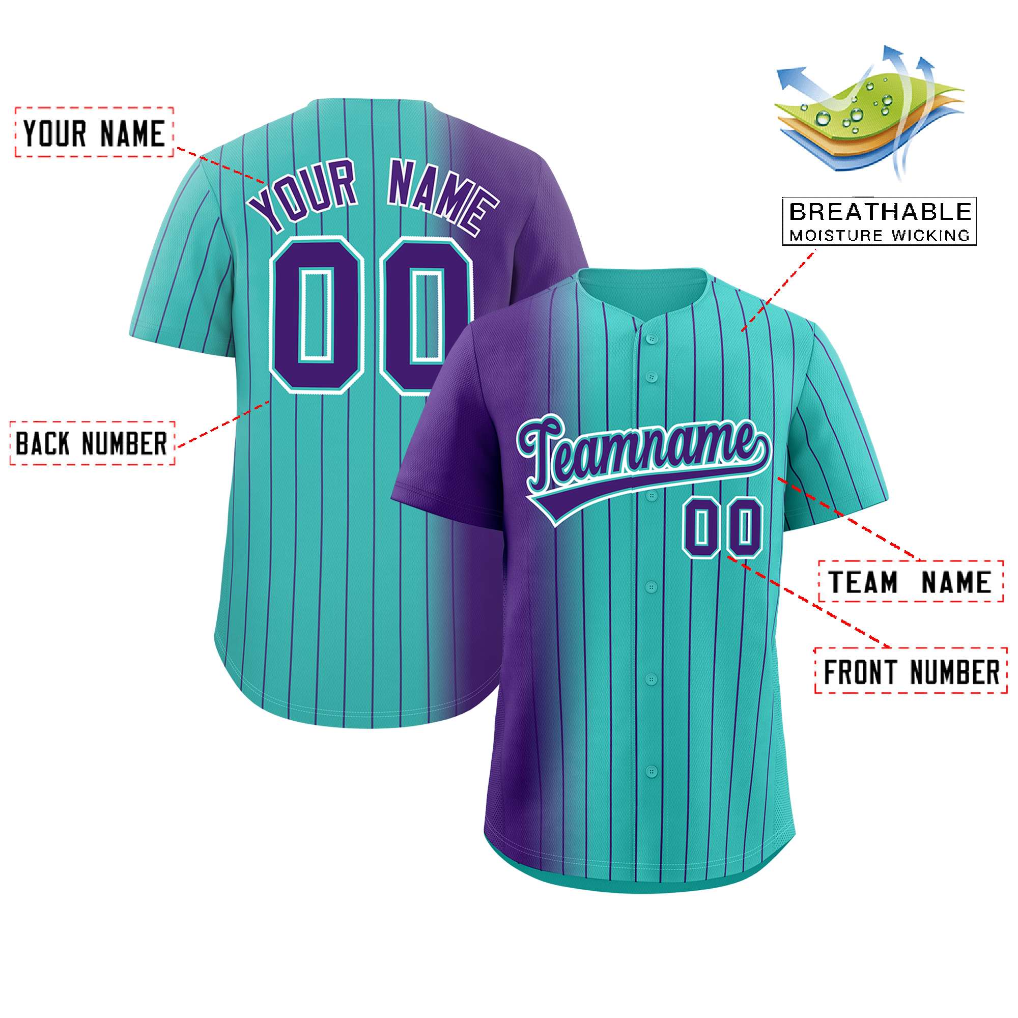 Custom Bright Green Purple Pinstripe Personalized Gradient Authentic Baseball Jersey