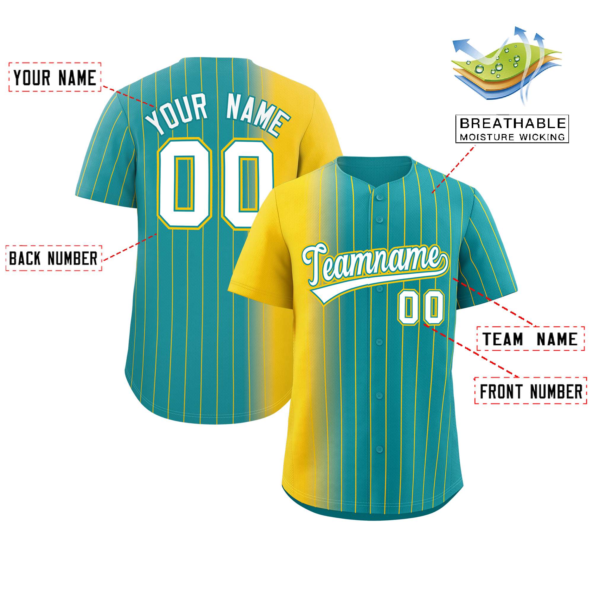 Custom Aqua Gold Pinstripe Personalized Gradient Authentic Baseball Jersey