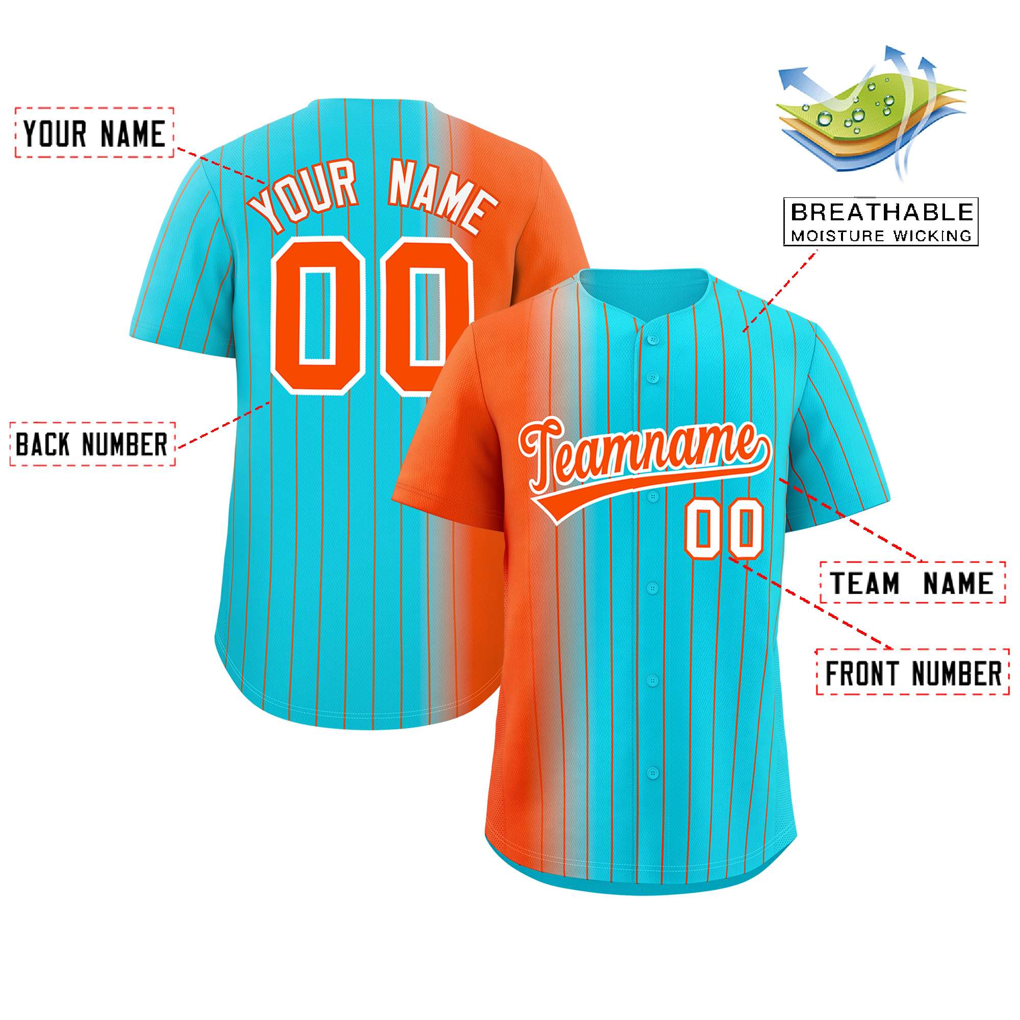 Custom Sky Blue Orange Pinstripe Personalized Gradient Authentic Baseball Jersey