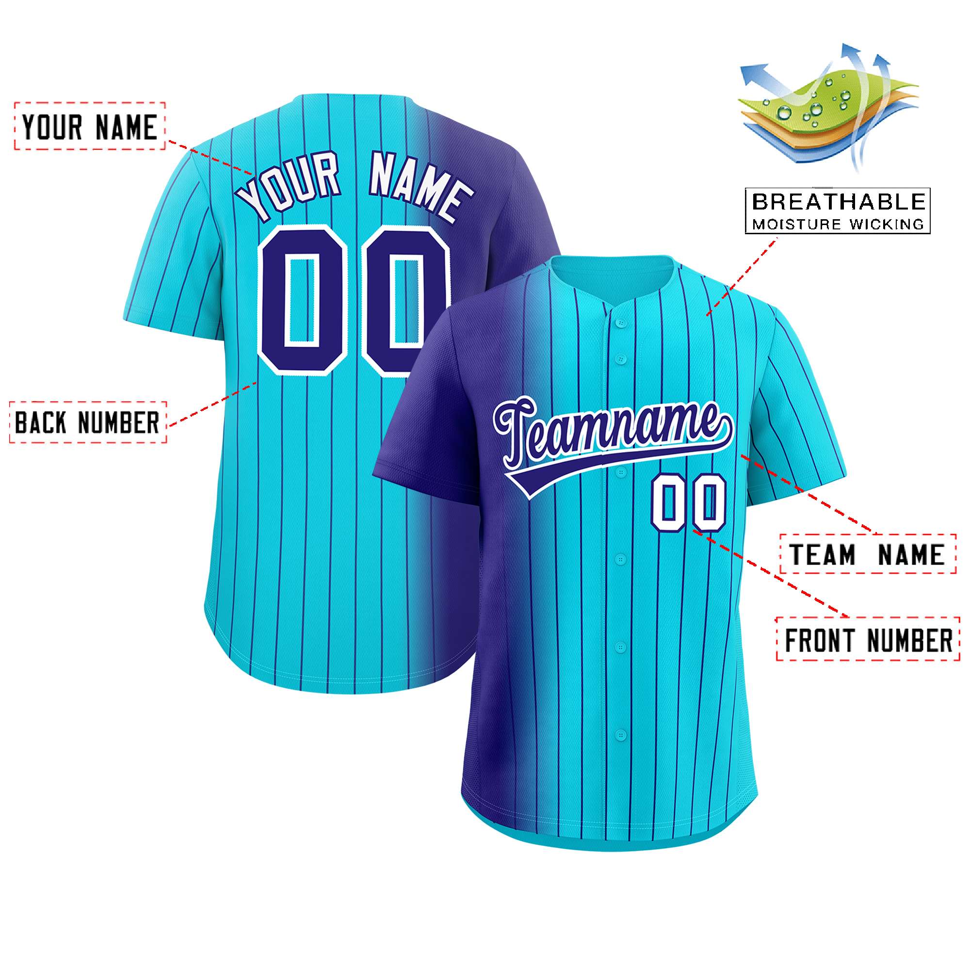 Custom Sky Blue Purple Pinstripe Personalized Gradient Authentic Baseball Jersey