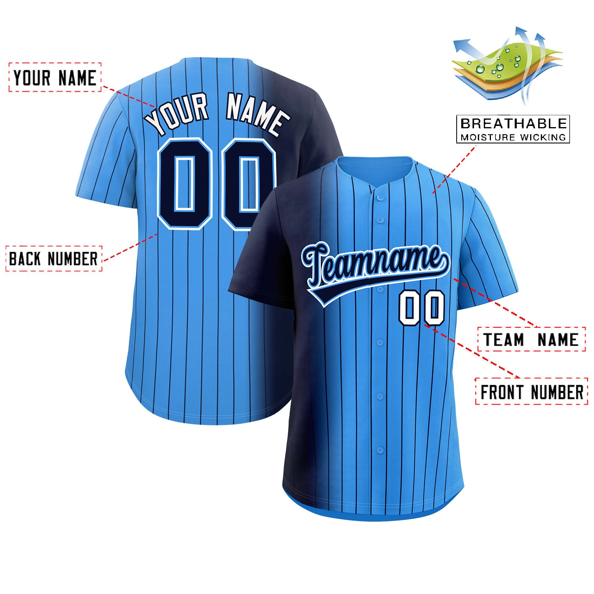 Custom Powder Blue Navy Pinstripe Personalized Gradient Authentic Baseball Jersey