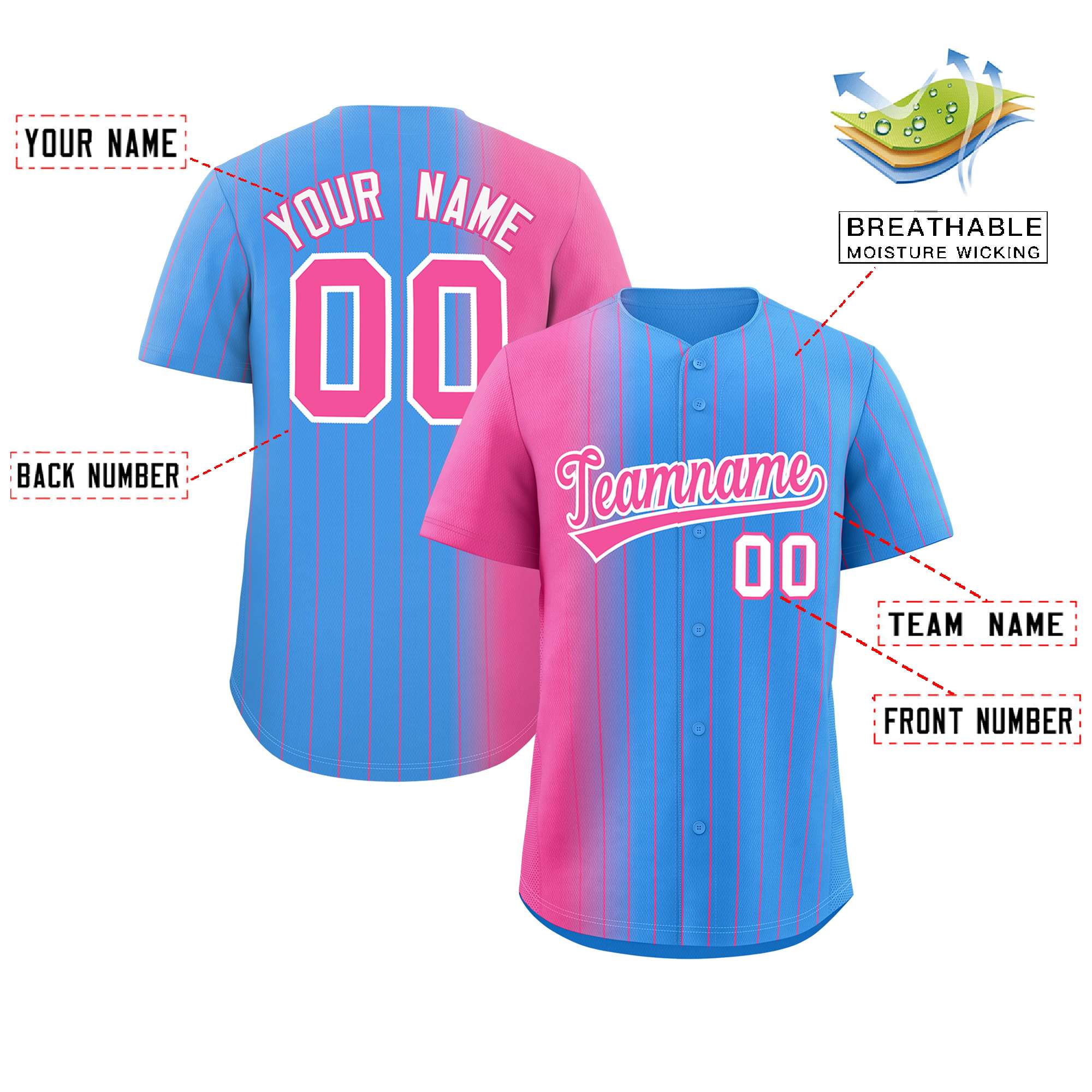 Custom Powder Blue Pink Pinstripe Personalized Gradient Authentic Baseball Jersey