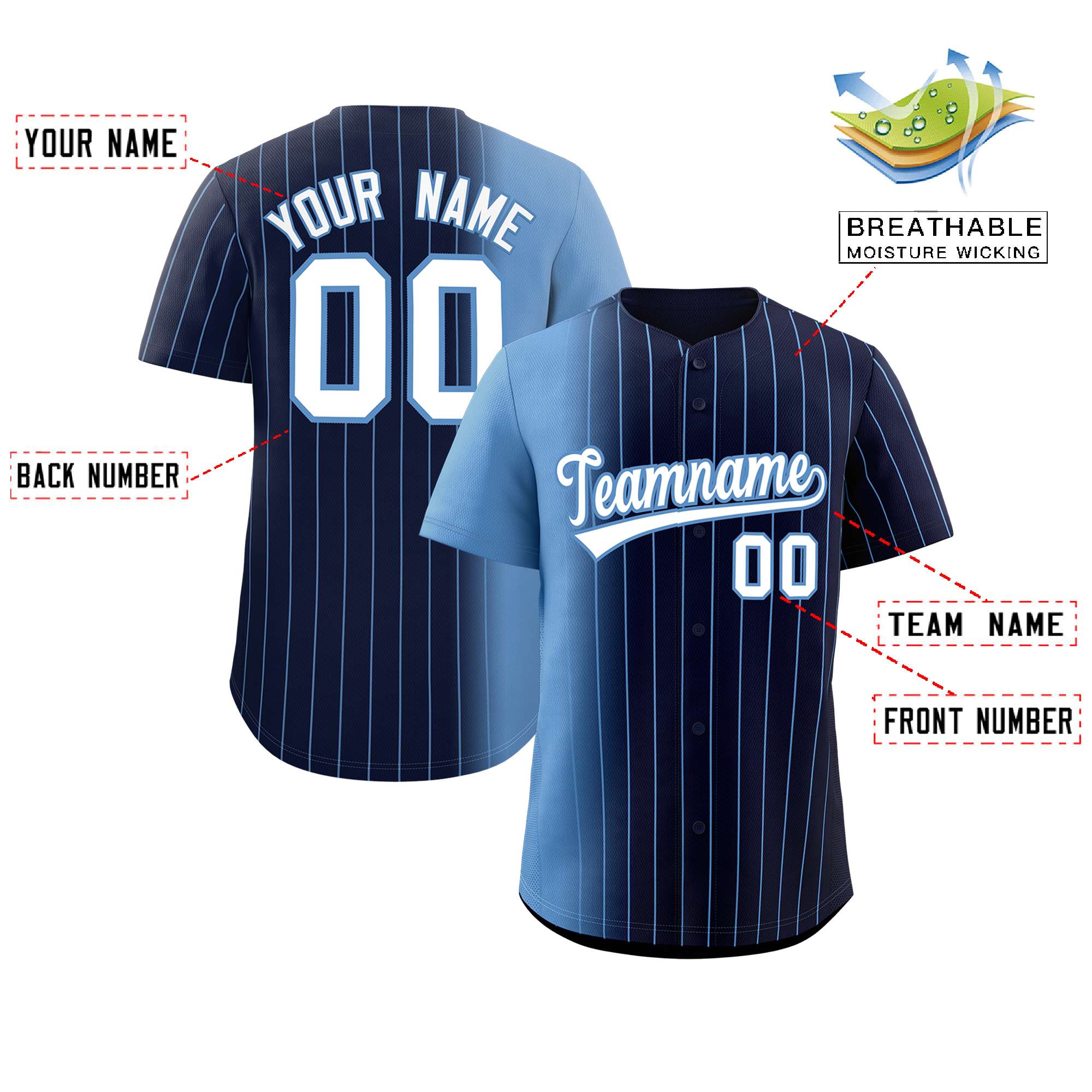 Custom Navy Light Blue Pinstripe Personalized Gradient Authentic Baseball Jersey