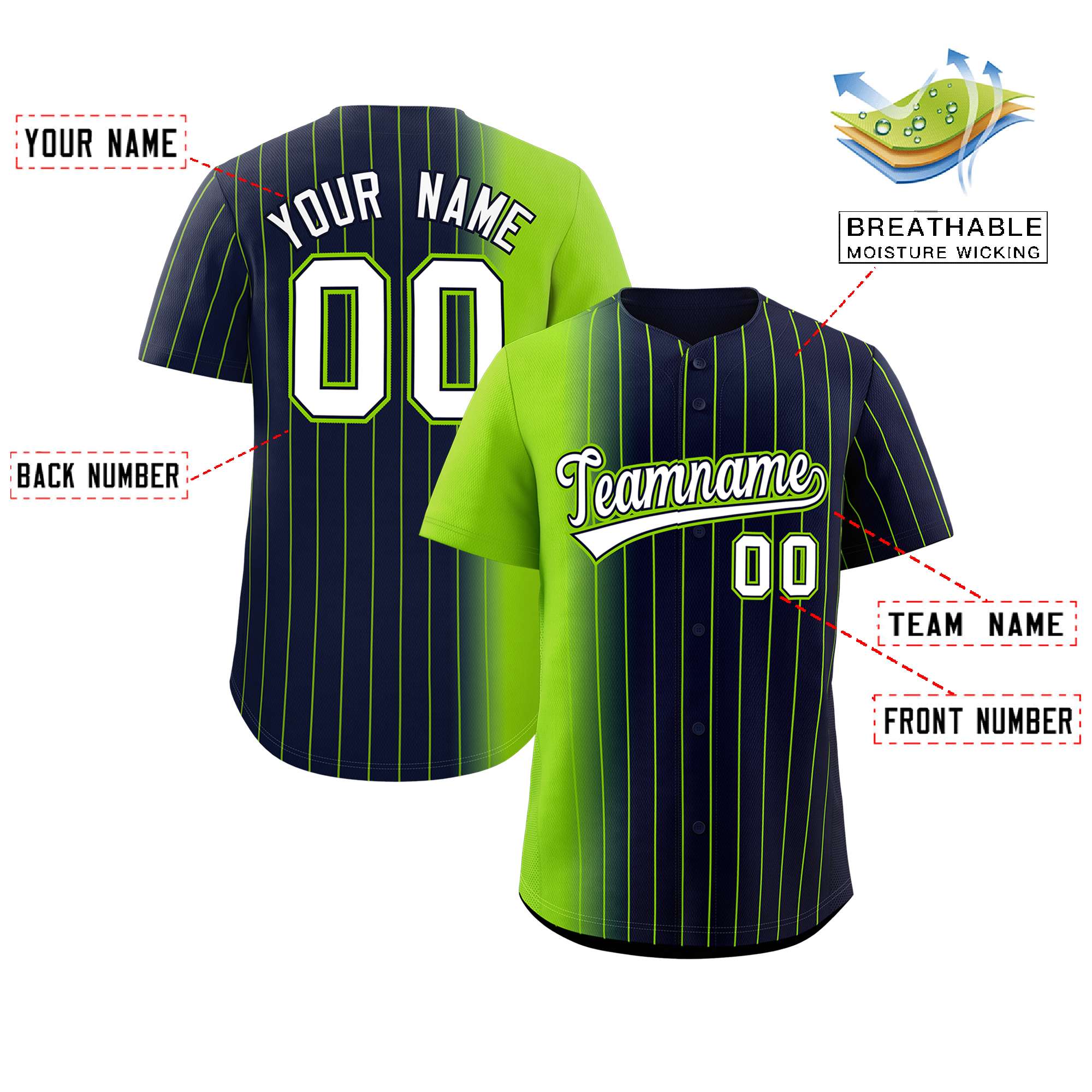 Custom Navy Neon Green Pinstripe Personalized Gradient Authentic Baseball Jersey