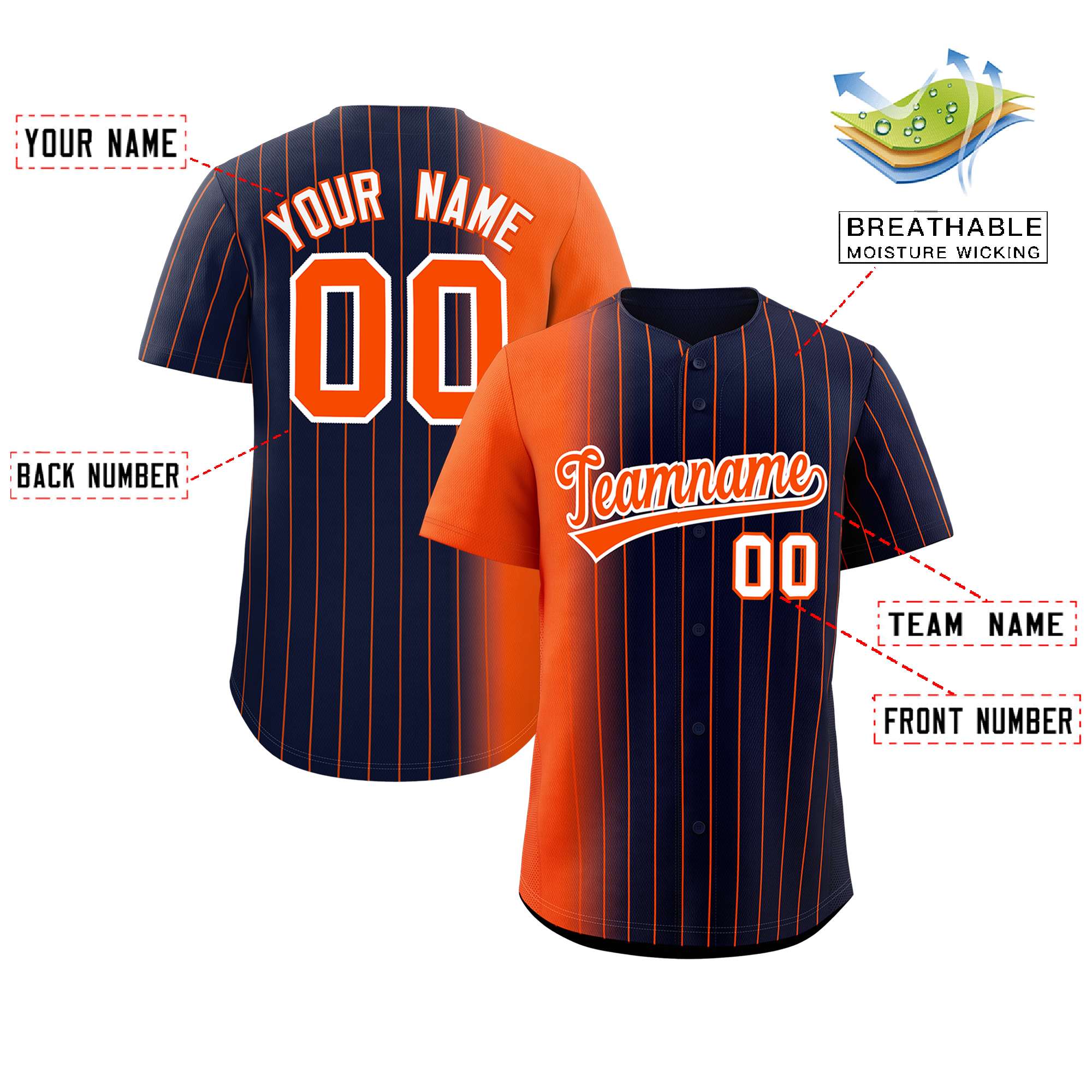 Custom Navy Orange Pinstripe Personalized Gradient Authentic Baseball Jersey