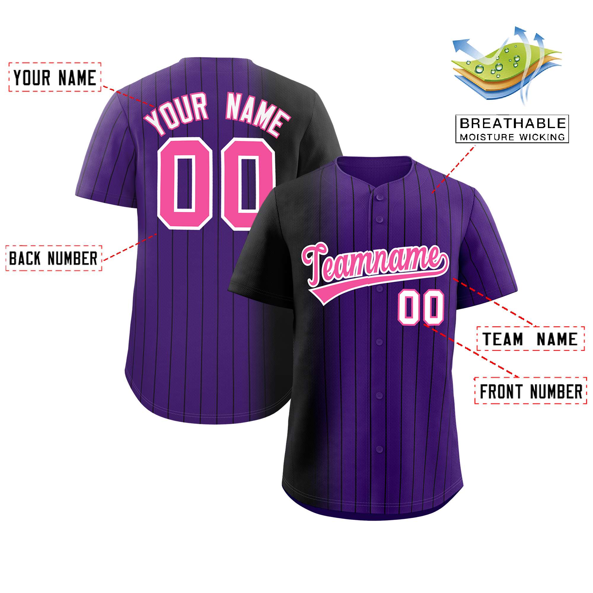 Custom Purple Black Pinstripe Personalized Gradient Authentic Baseball Jersey