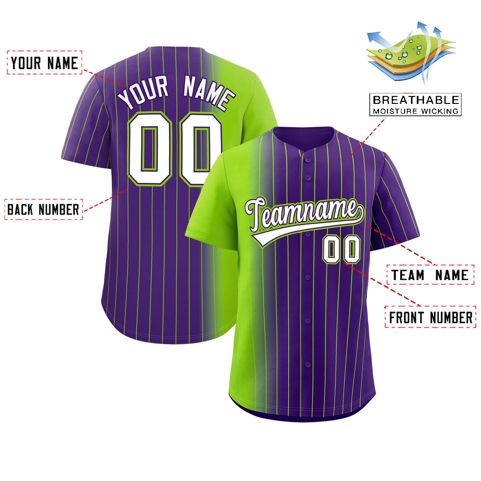 Custom Purple Neon Green Pinstripe Personalized Gradient Authentic Baseball Jersey