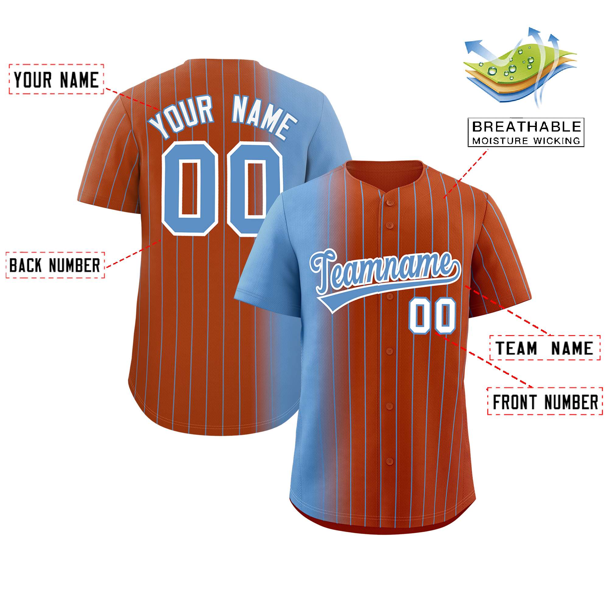 Custom Texas Orange Light Blue Pinstripe Personalized Gradient Authentic Baseball Jersey