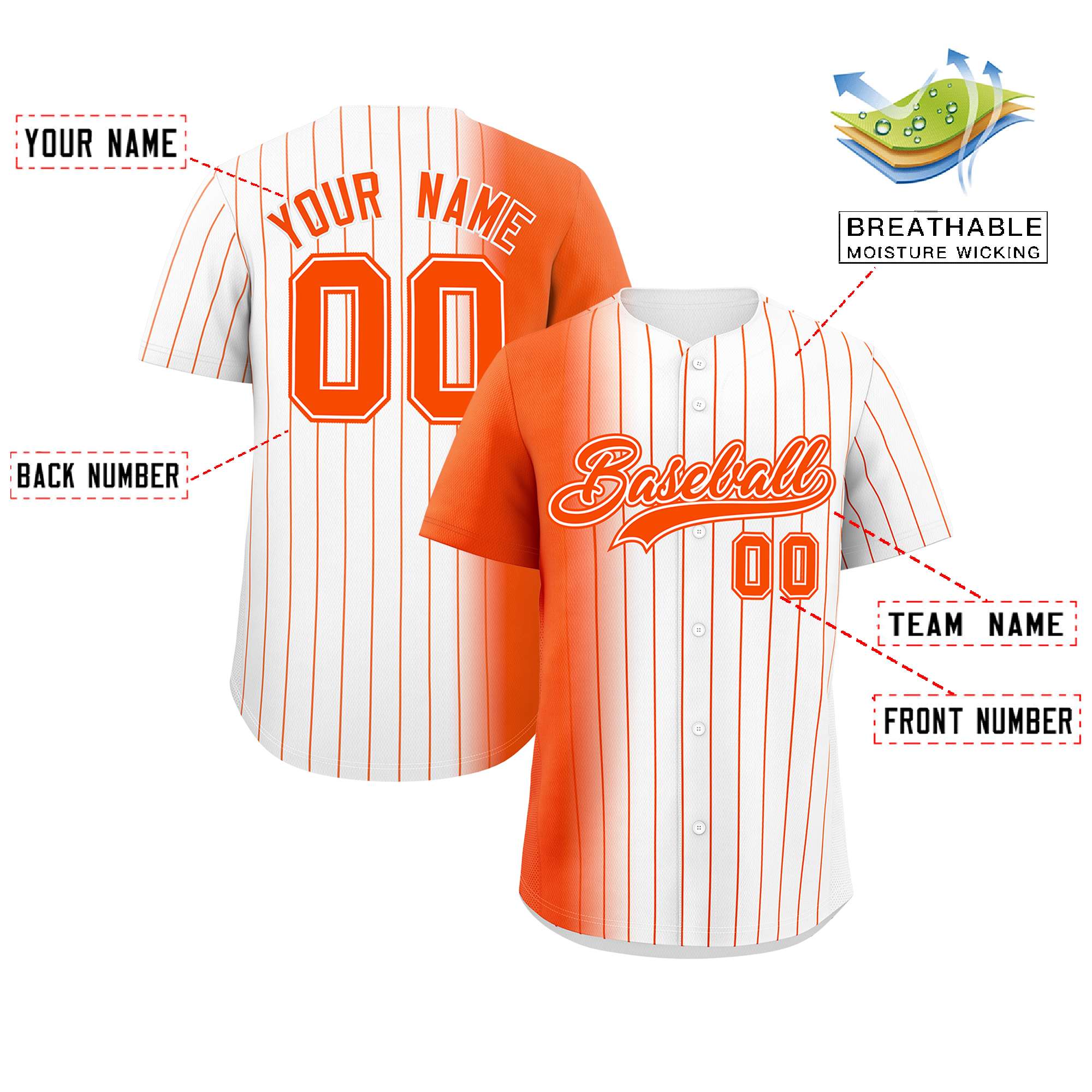 Custom White Orange Pinstripe Personalized Gradient Authentic Baseball Jersey