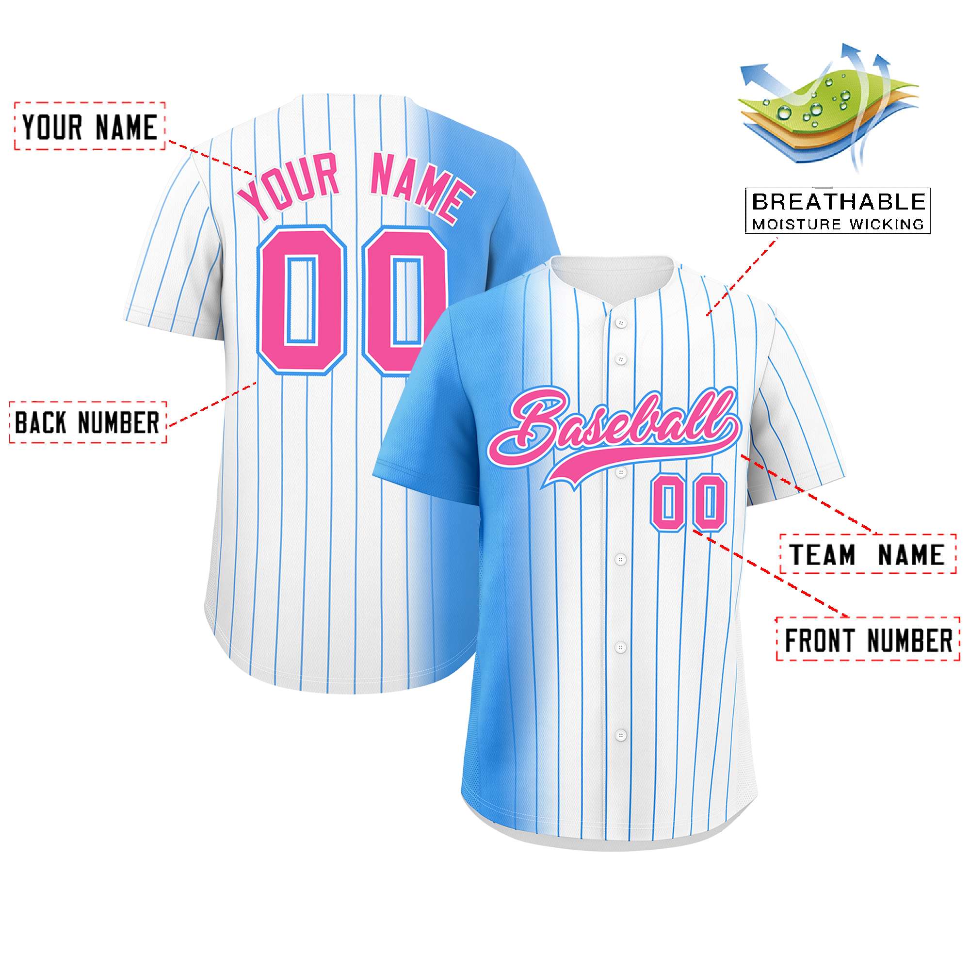 Custom White Powder Blue Pinstripe Personalized Gradient Authentic Baseball Jersey