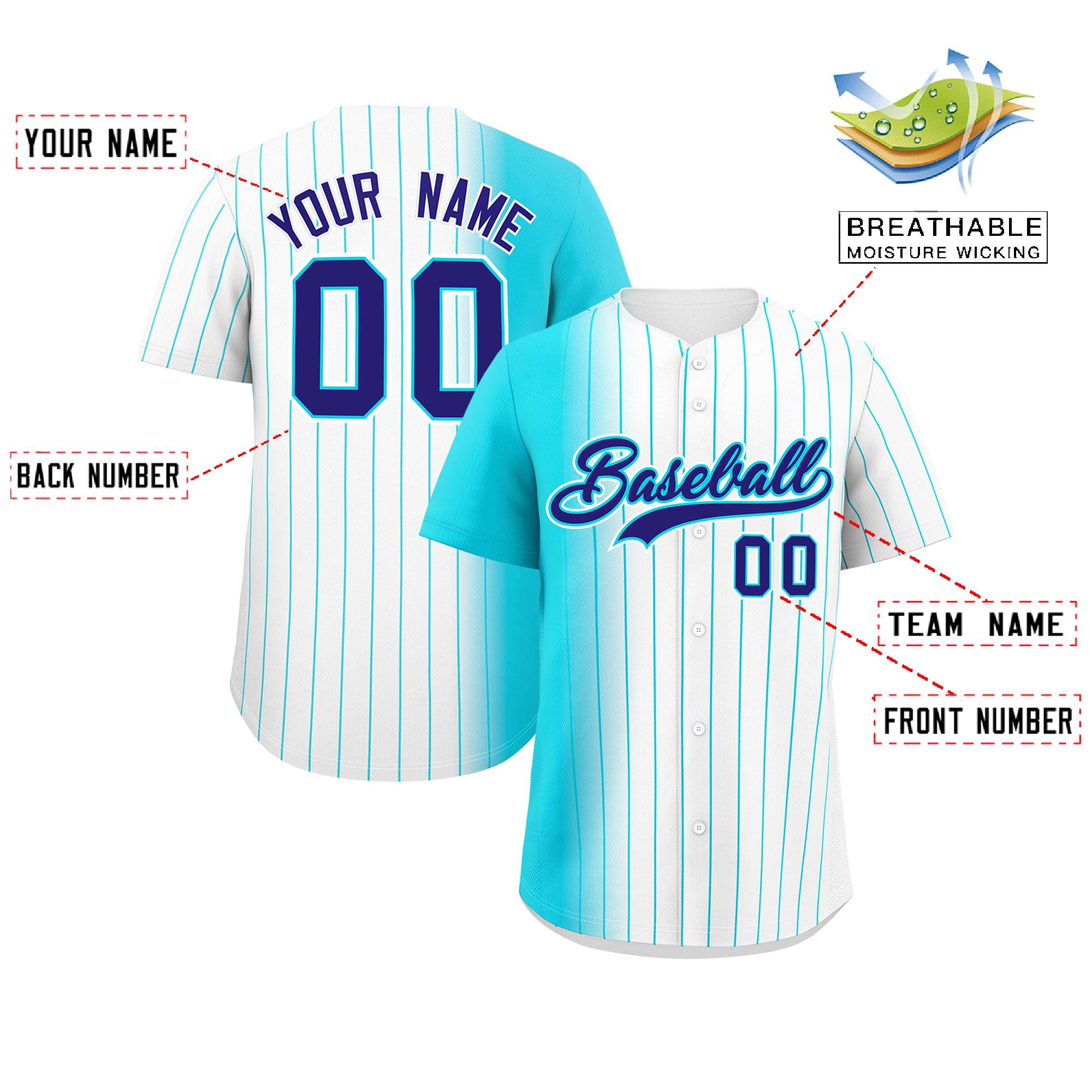 Custom White Sky Blue Pinstripe Personalized Gradient Authentic Baseball Jersey