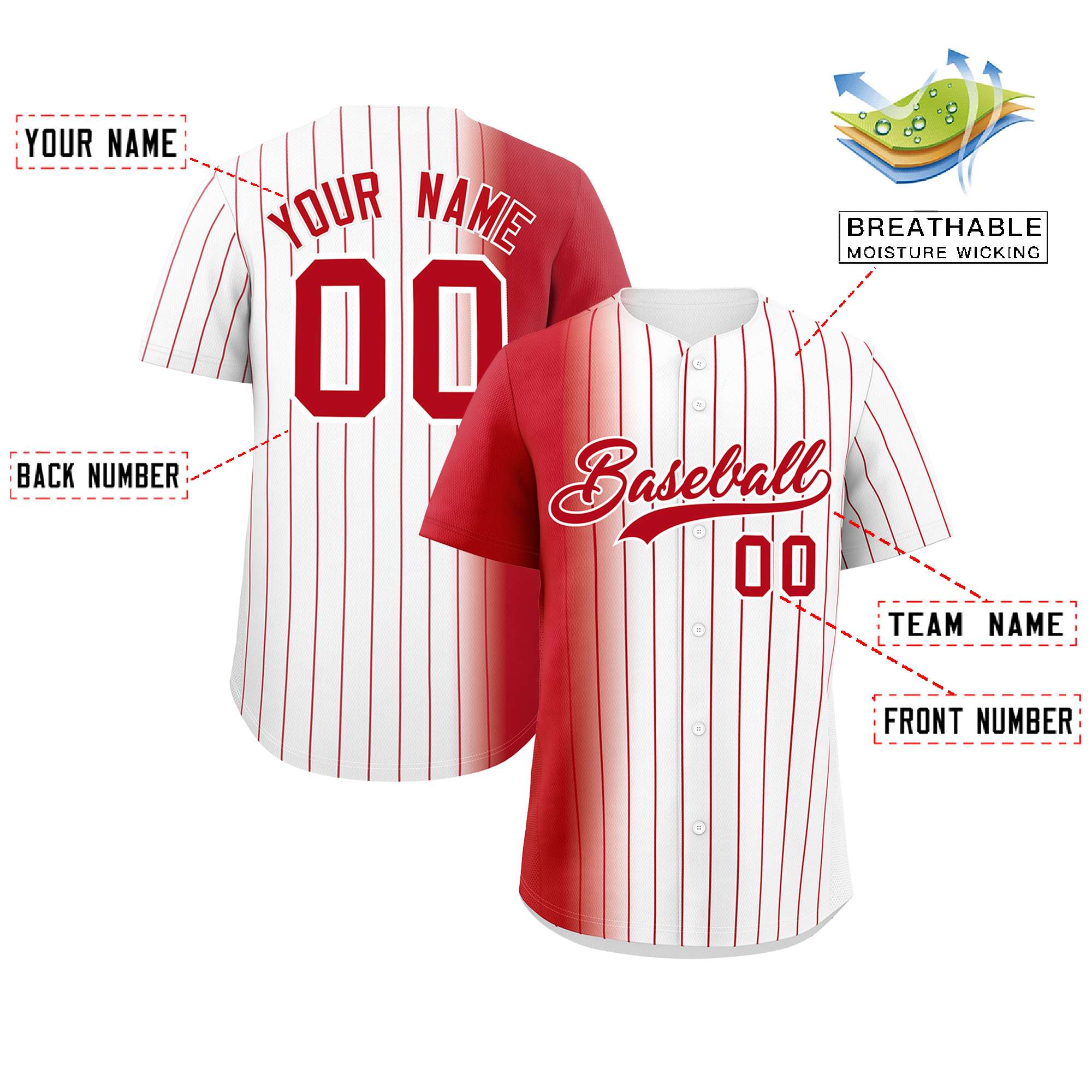 Custom White Red Pinstripe Personalized Gradient Authentic Baseball Jersey