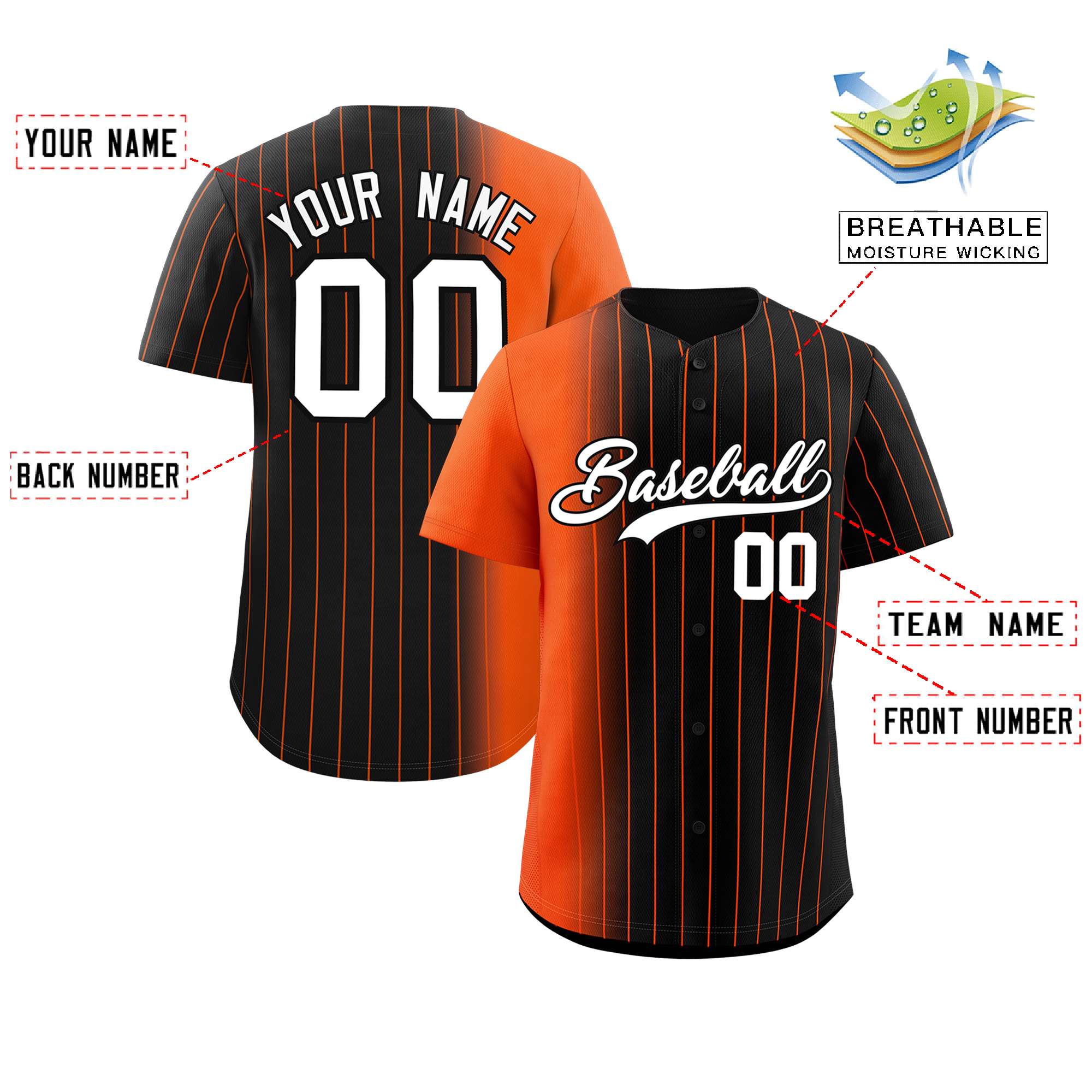 Custom Black Orange Pinstripe Personalized Gradient Authentic Baseball Jersey