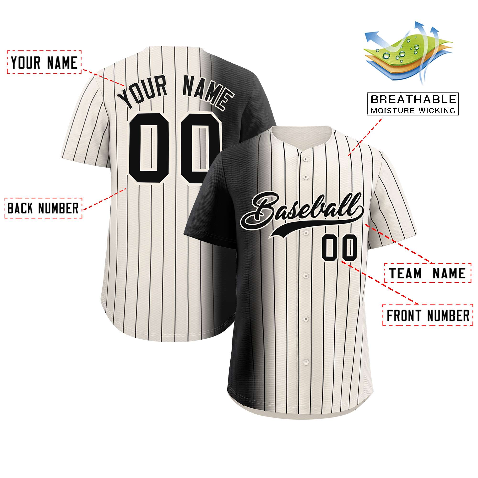 Custom Cream Black Pinstripe Personalized Gradient Authentic Baseball Jersey