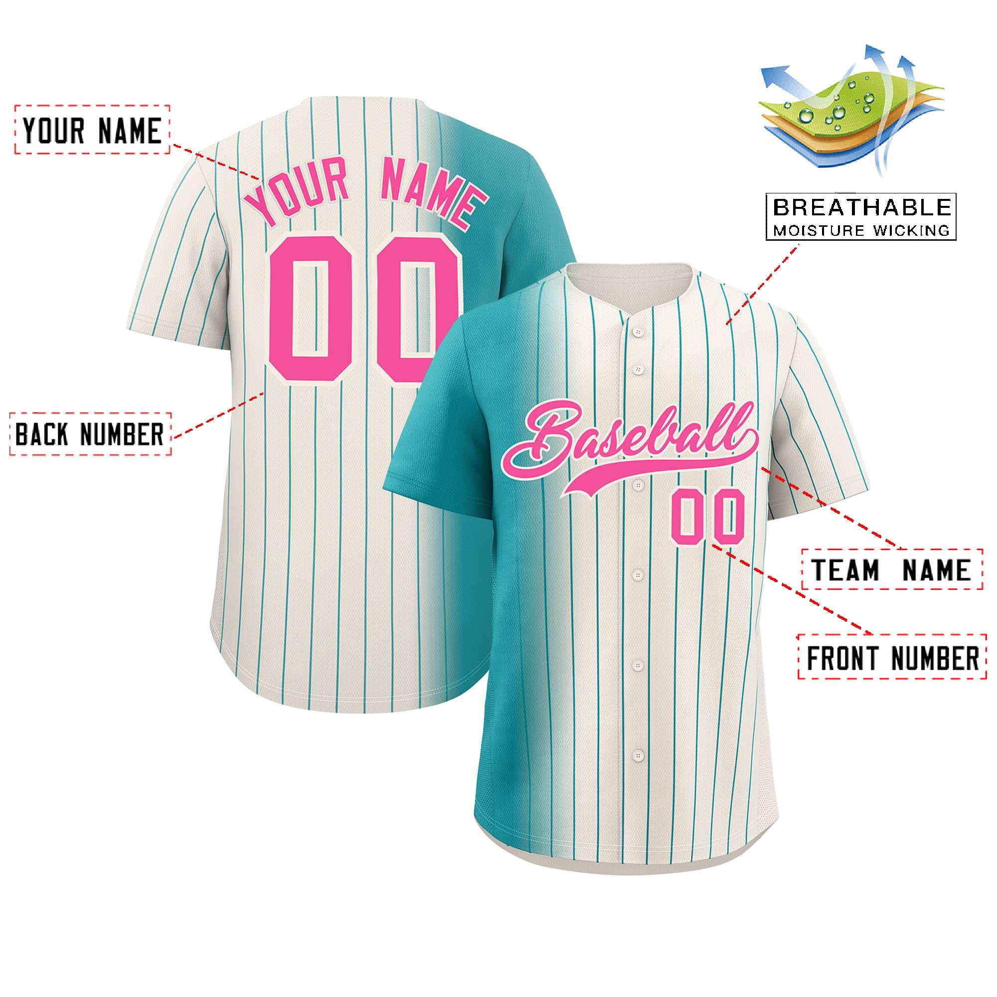 Custom Cream Aqua Pinstripe Personalized Gradient Authentic Baseball Jersey