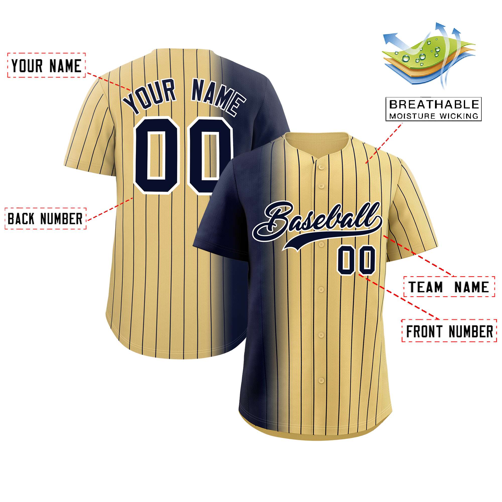 Custom Khaki Navy Pinstripe Personalized Gradient Authentic Baseball Jersey