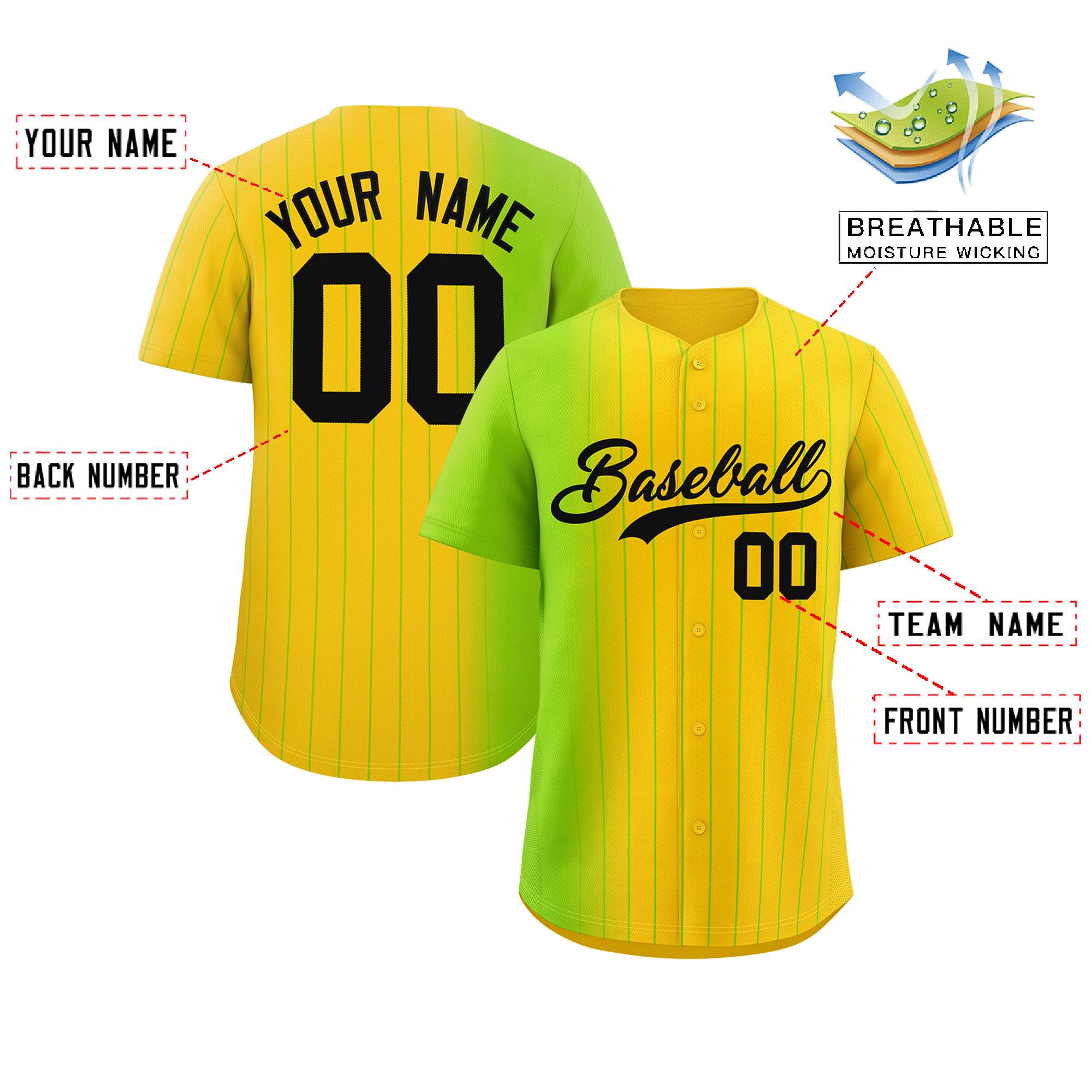 Custom Gold Neon Green Pinstripe Personalized Gradient Authentic Baseball Jersey