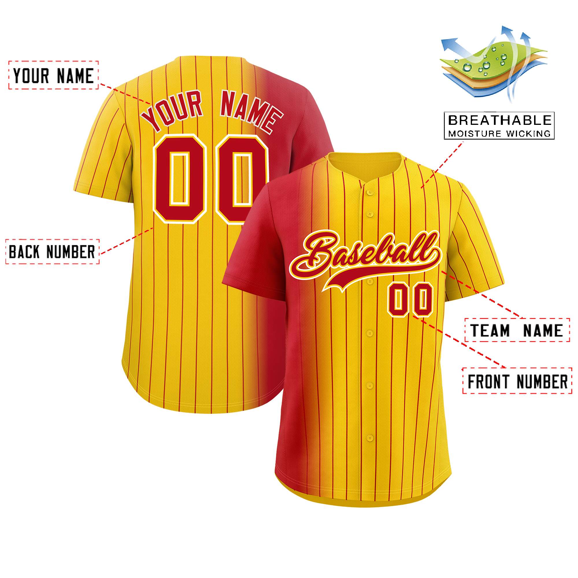 Custom Gold Red Pinstripe Personalized Gradient Authentic Baseball Jersey