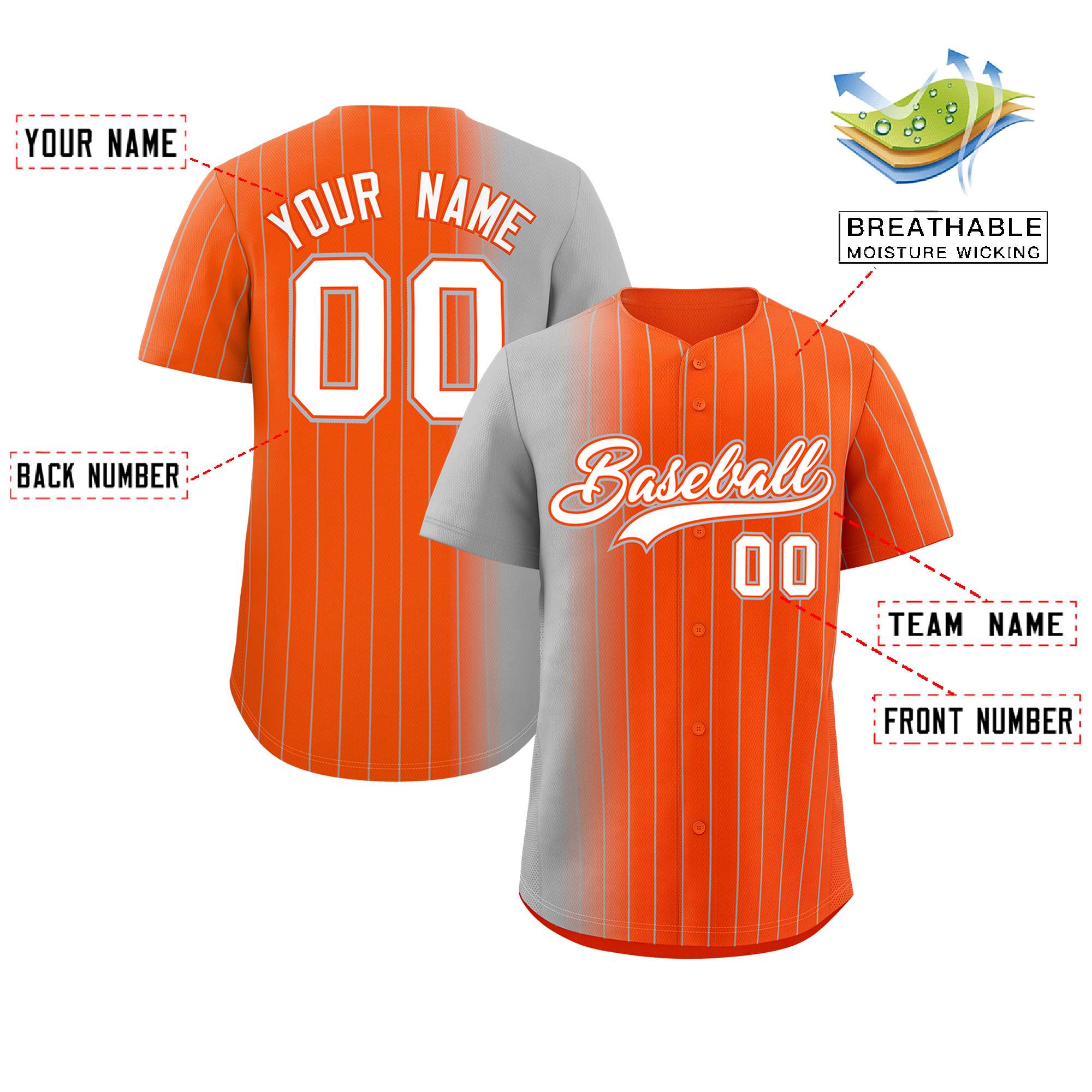 Custom Orange Gray Pinstripe Personalized Gradient Authentic Baseball Jersey