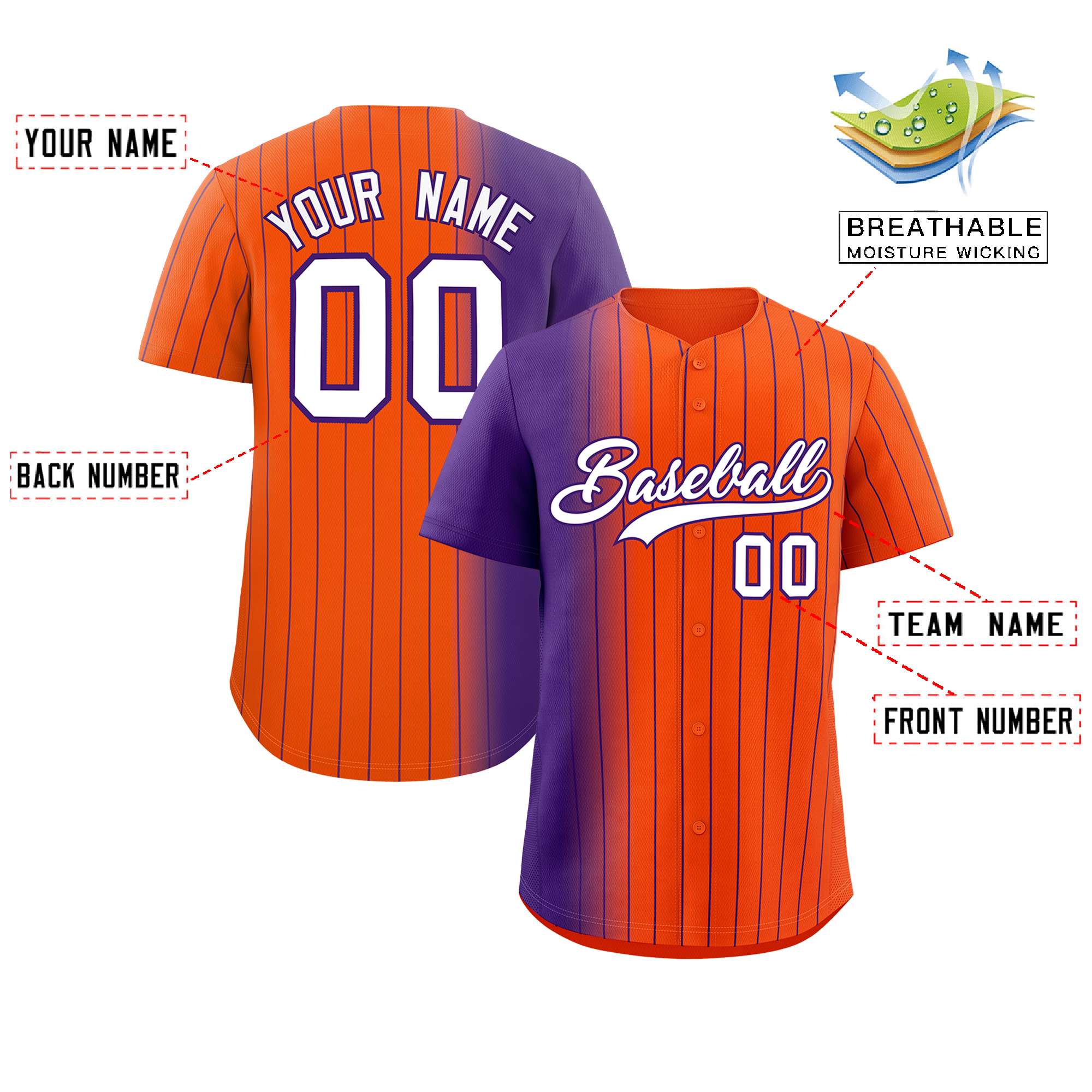 Custom Orange Purple Pinstripe Personalized Gradient Authentic Baseball Jersey