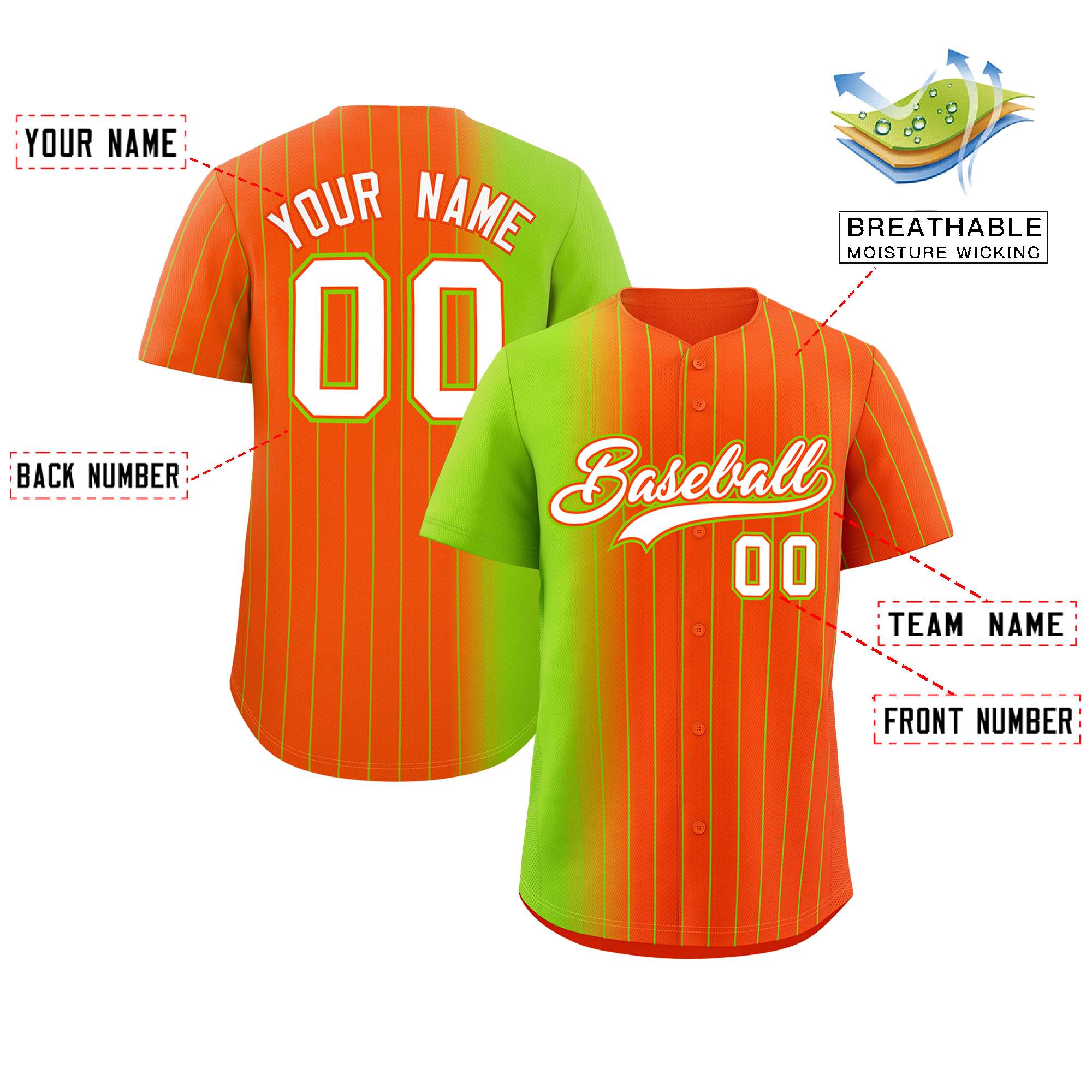 Custom Orange Neon Green Pinstripe Personalized Gradient Authentic Baseball Jersey