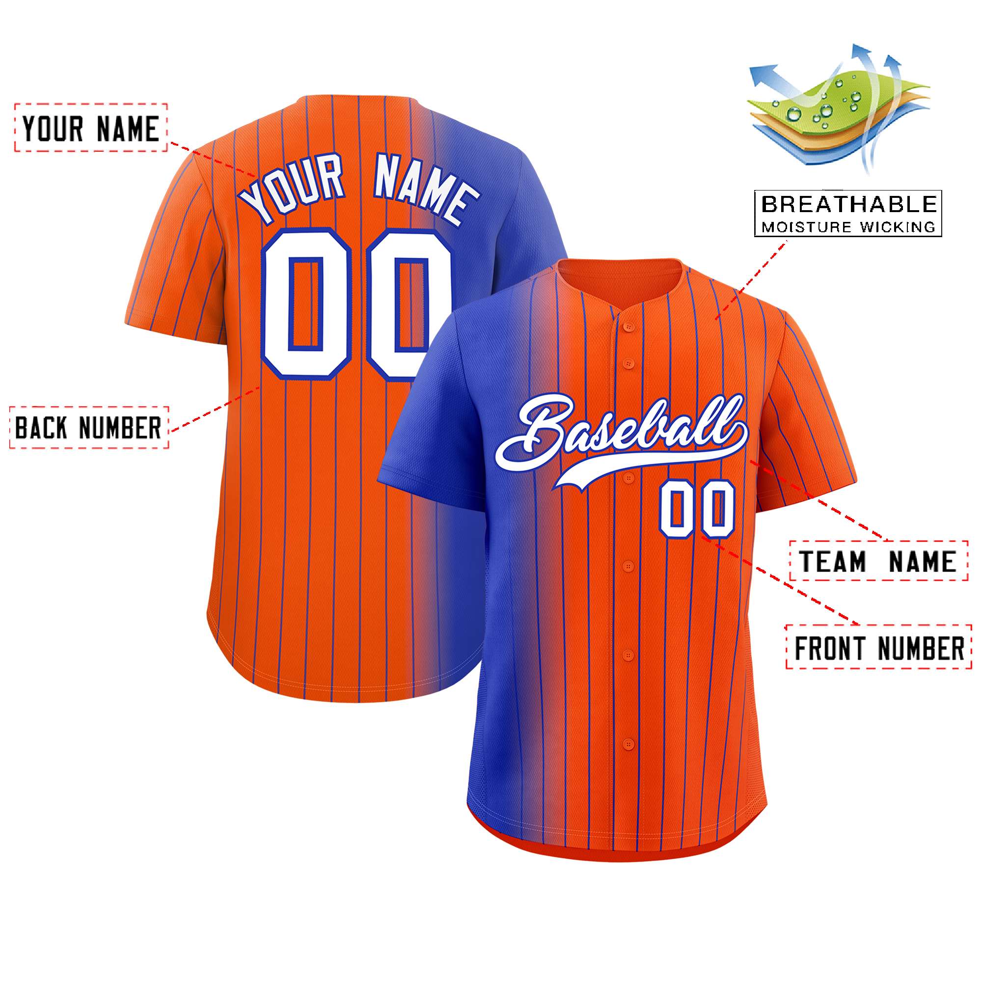 Custom Orange Royal Pinstripe Personalized Gradient Authentic Baseball Jersey